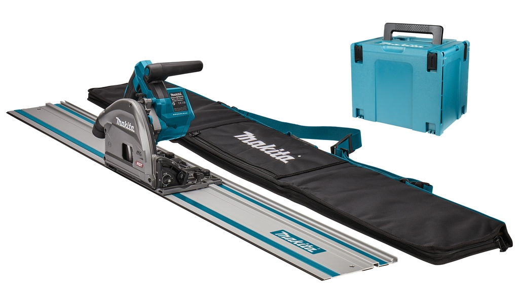 Sierra de inmersión inalámbrica Makita SP001GZ04 de 40 V máx. sin baterías ni cargador, con transmisor AWS + riel guía de 1500 mm + bolsa