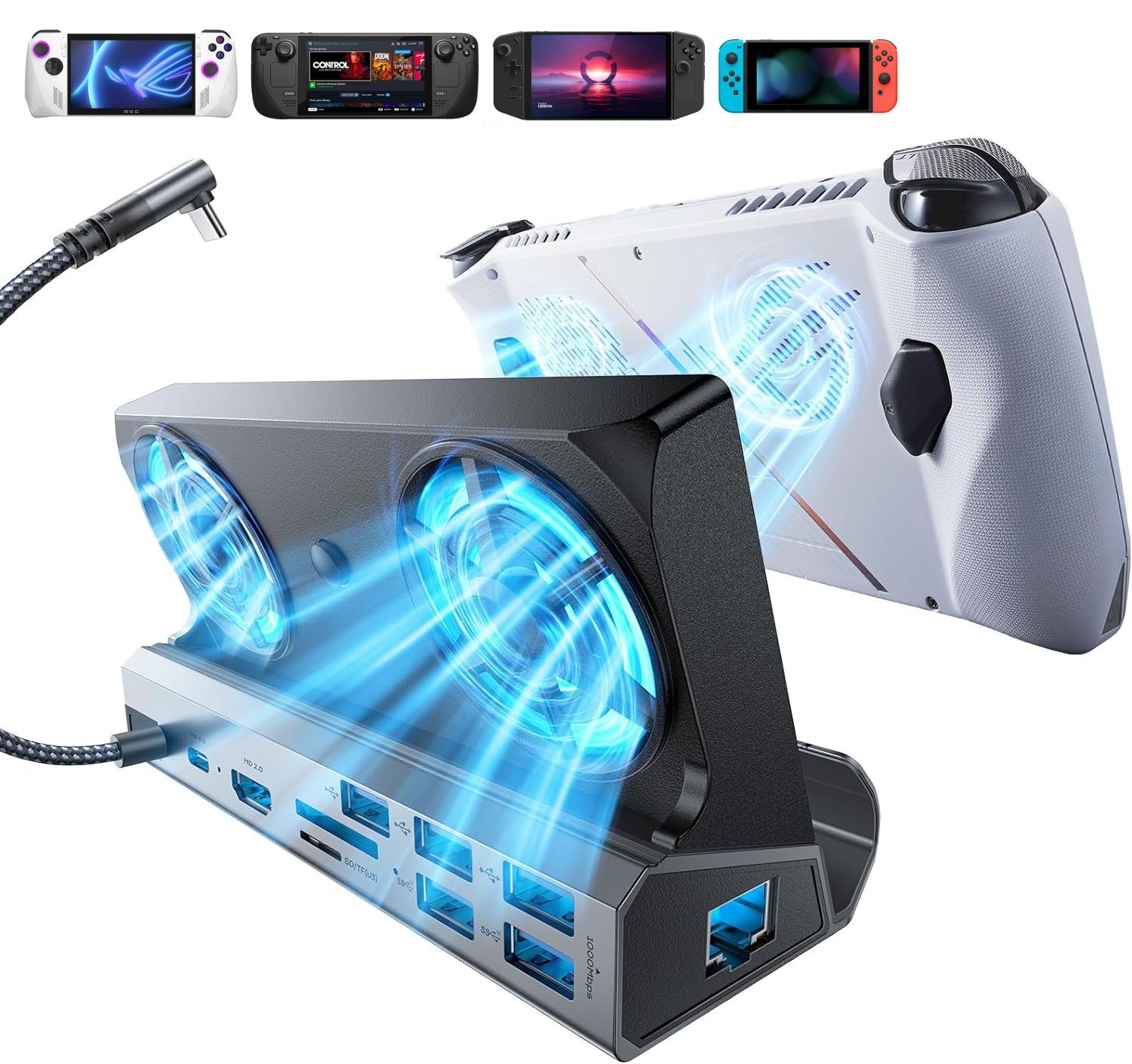 Haiaveng Festplatten-Dockingstation Dock für Legion Go/ROG Ally/ Steam Deck mit HDMI 4K@60Hz, Lüfter, (10 St), 10 in 1 Dockingstation mit USB 3.0 & 2.0,Zwei Lüftern,Gigabit Ethernet