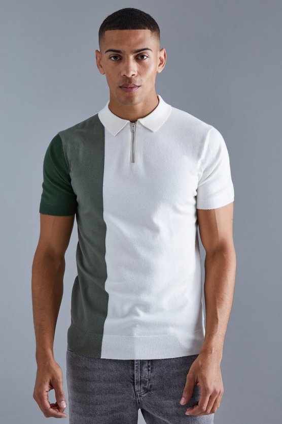 Kurzärmliges Colorblock Strick-Poloshirt mit halbem Reißverschluss