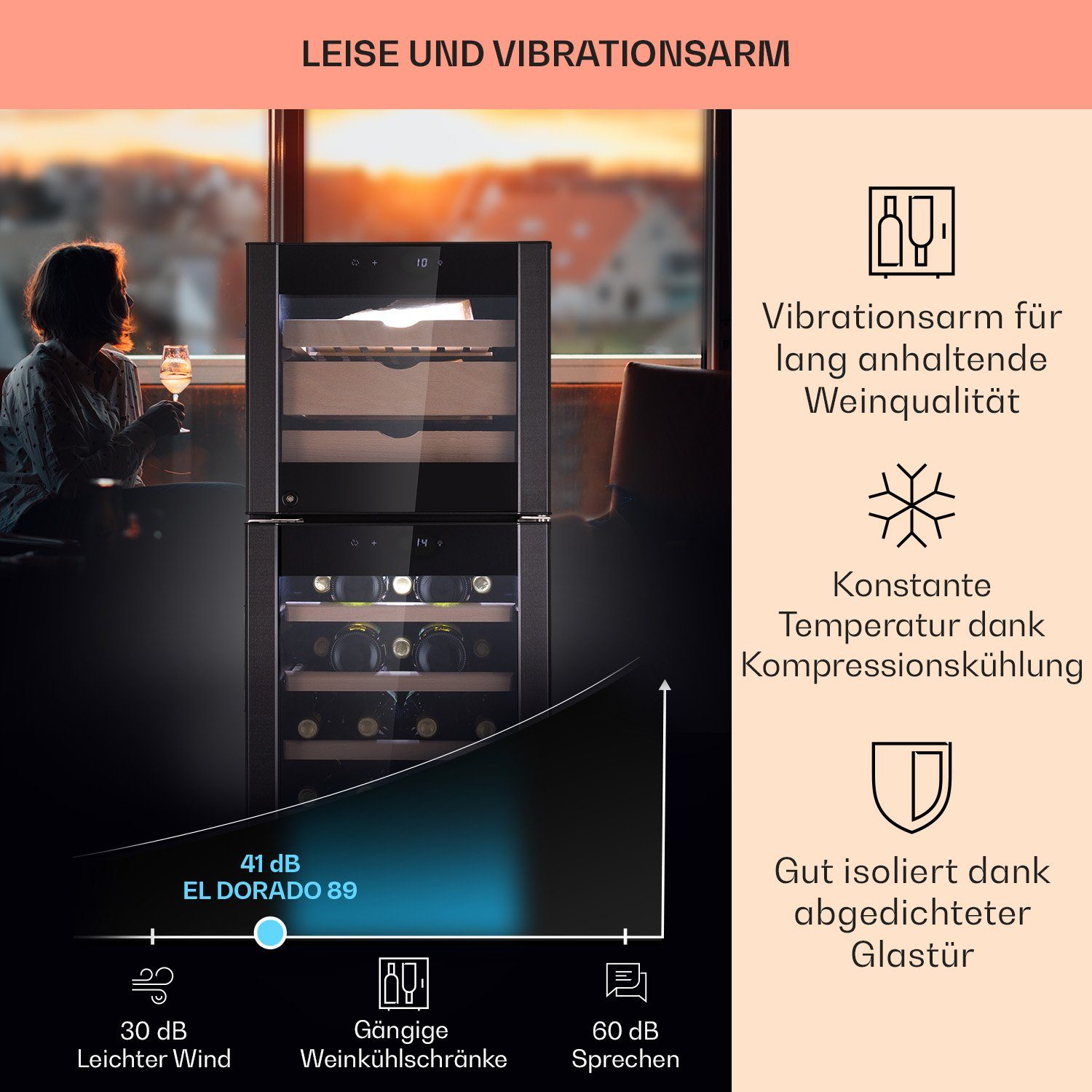 Klarstein Weinkühlschrank El Dorado, für 38 Standardflaschen á 0,75l,Wein Flaschenkühlschrank Weintemperierschrank Weinschrank Kühlschrank