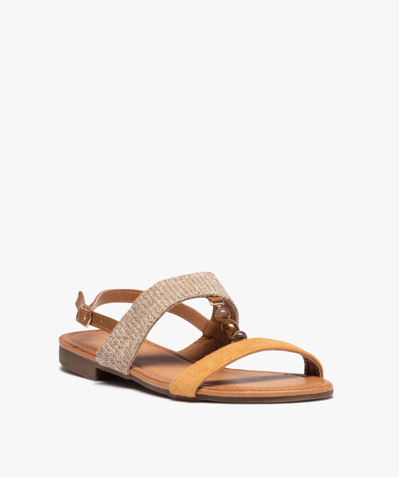 Sandales femme plates ornées de pierres avec brides en tissu camel | GEMO