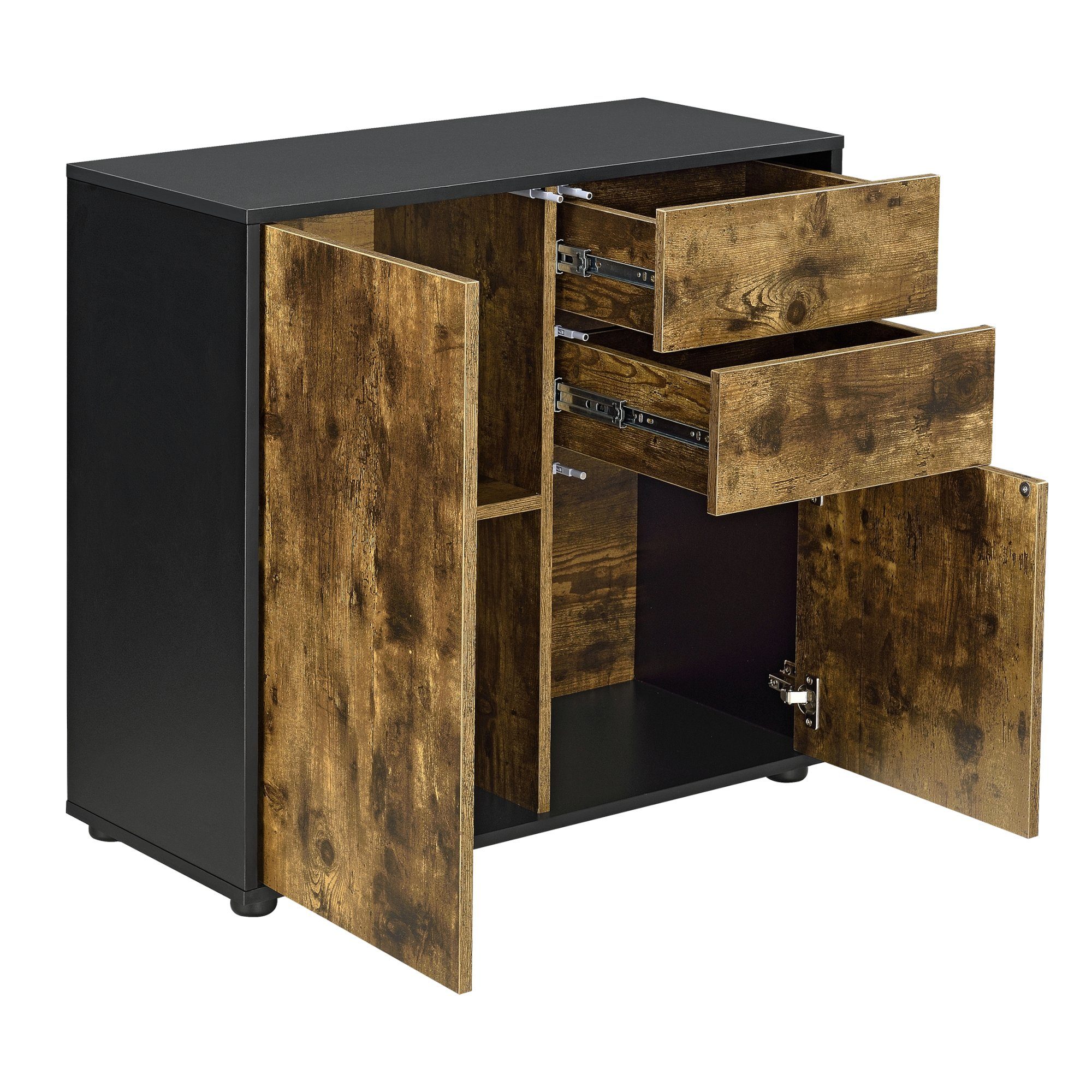 en.casa Sideboard, Paarl Kommode, 2 Türen, Schwarz/Eiche Dunkel