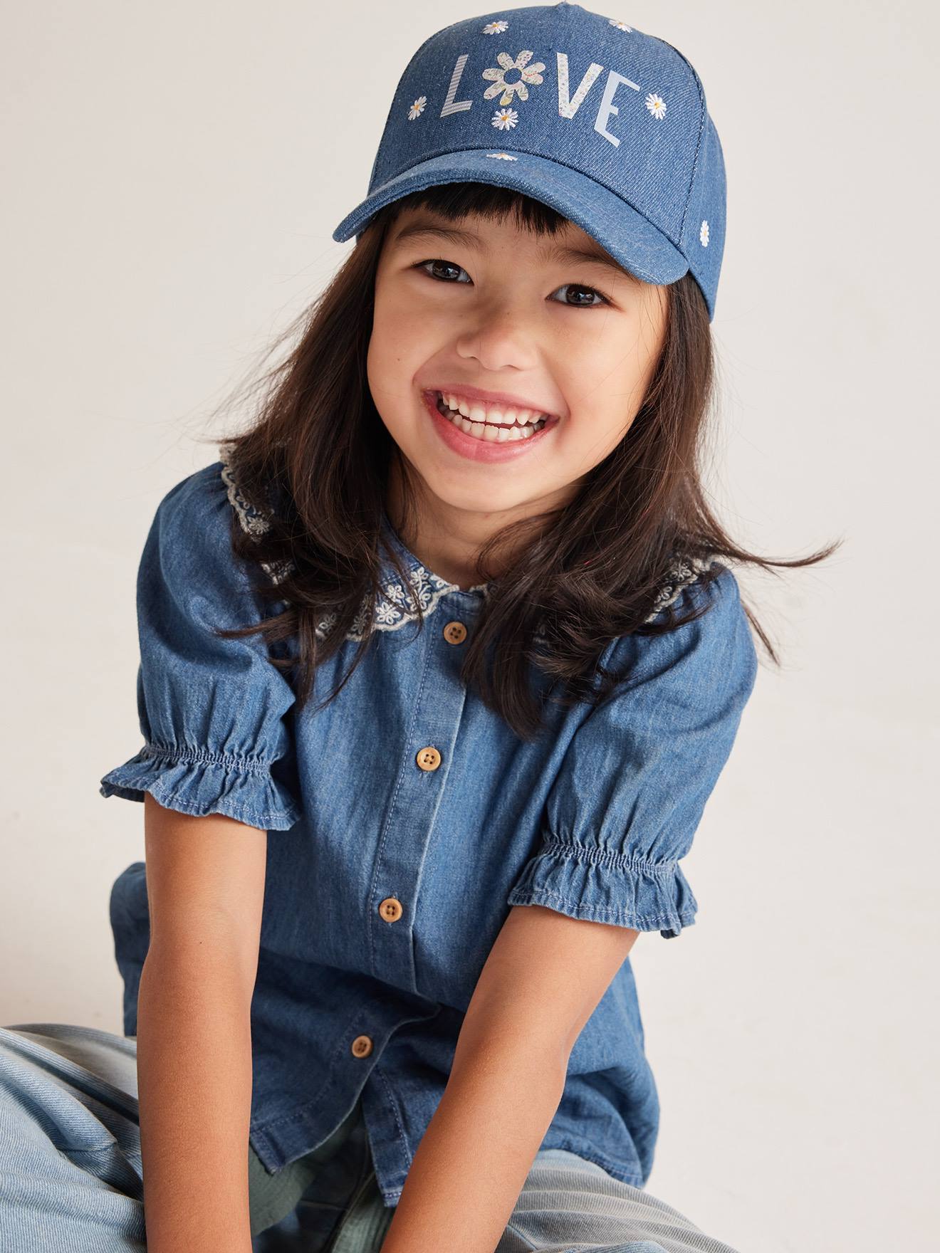 Chemise en jean col claudine fille manches courtes stone