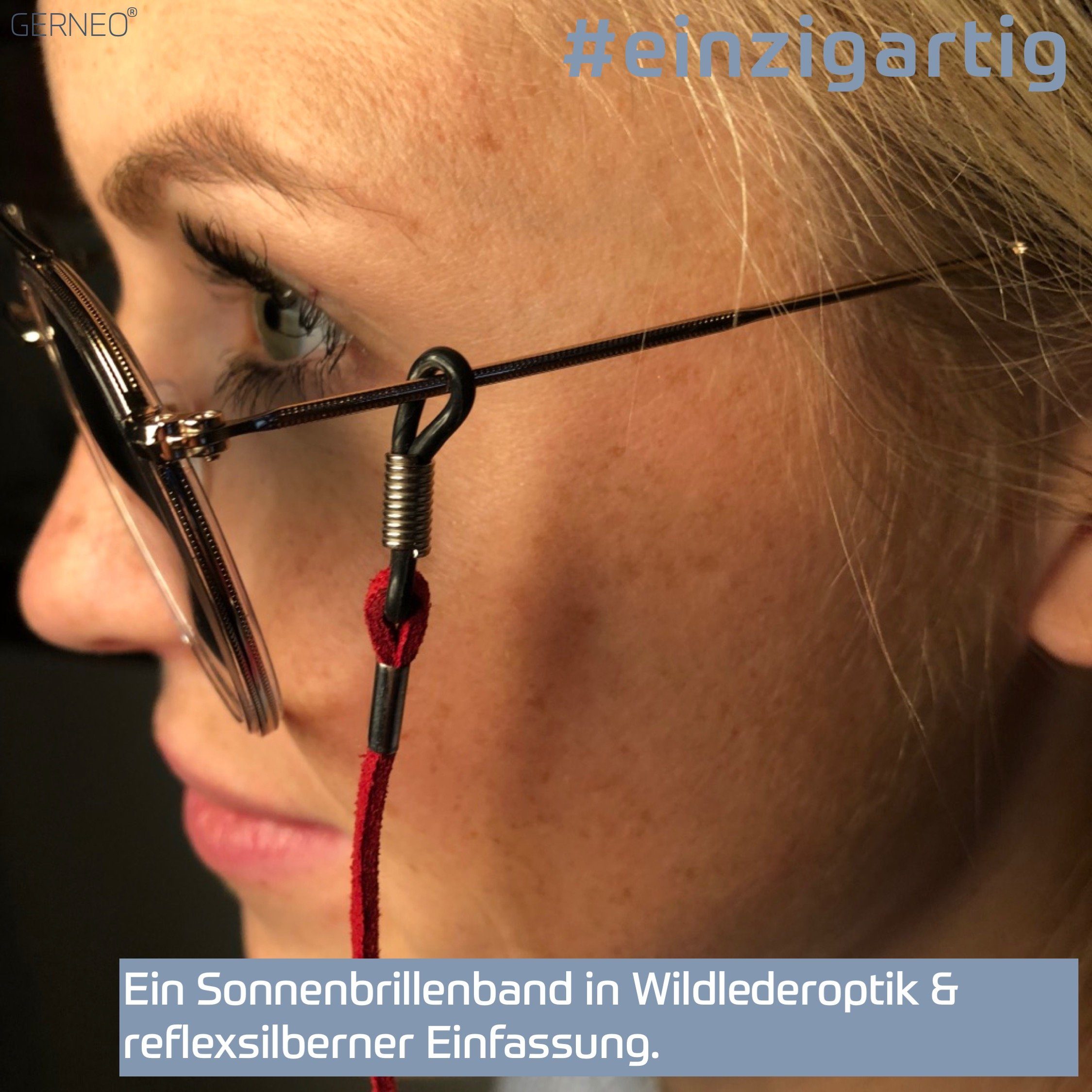 GERNEO Brillenband GERNEO® - Valencia – hochwertiges Brillenband Wildlederoptik, PU Brillenkordel für Sonnenbrillen & Lesebrillen – Halterungen silber