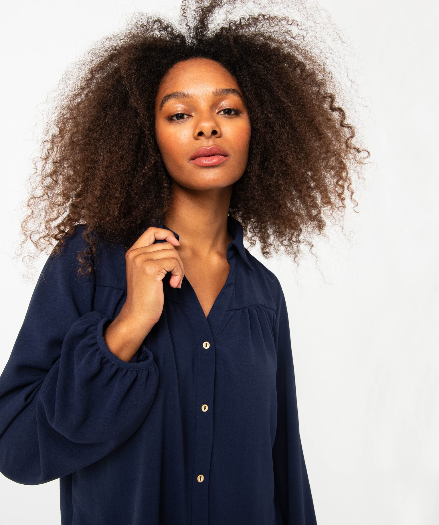 Chemise unie à manches longues femme bleu fonce | GEMO
