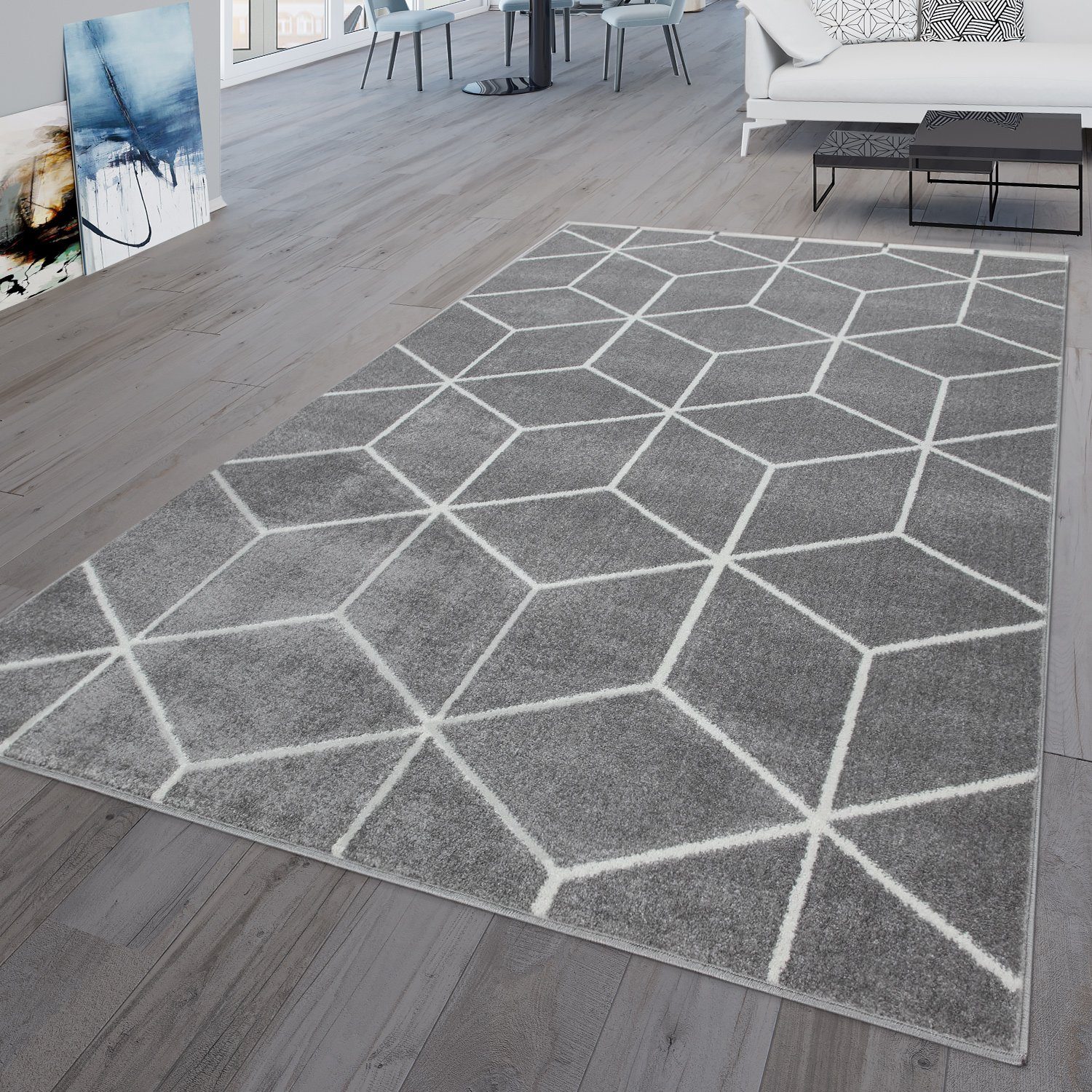 Teppich Wohnzimmer-Teppich Kurzflor Skandinavischer Stil Rauten-Muster In Grau, TT Home, rechteckig, Höhe: 16 mm