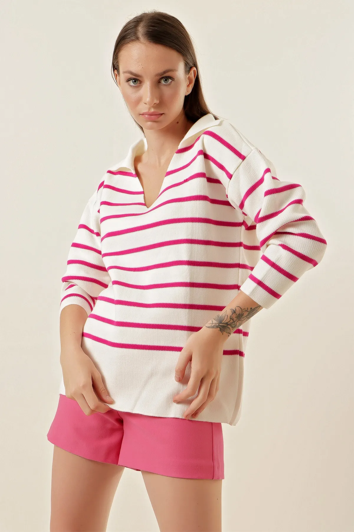 Bigdart  15778 Gestreifter Oversize-Pullover – Fuchsia