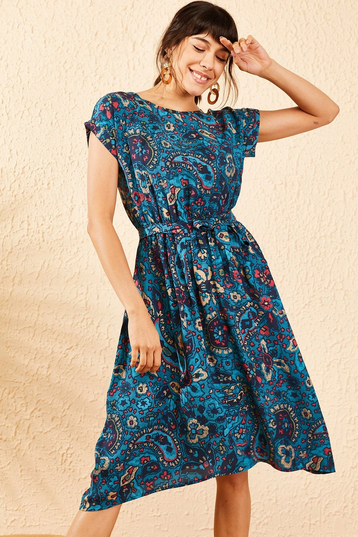 Bianco Lucci  Blaues kurzärmliges Damen-Midikleid mit ethnischem Muster und elastischer Taille 10041008