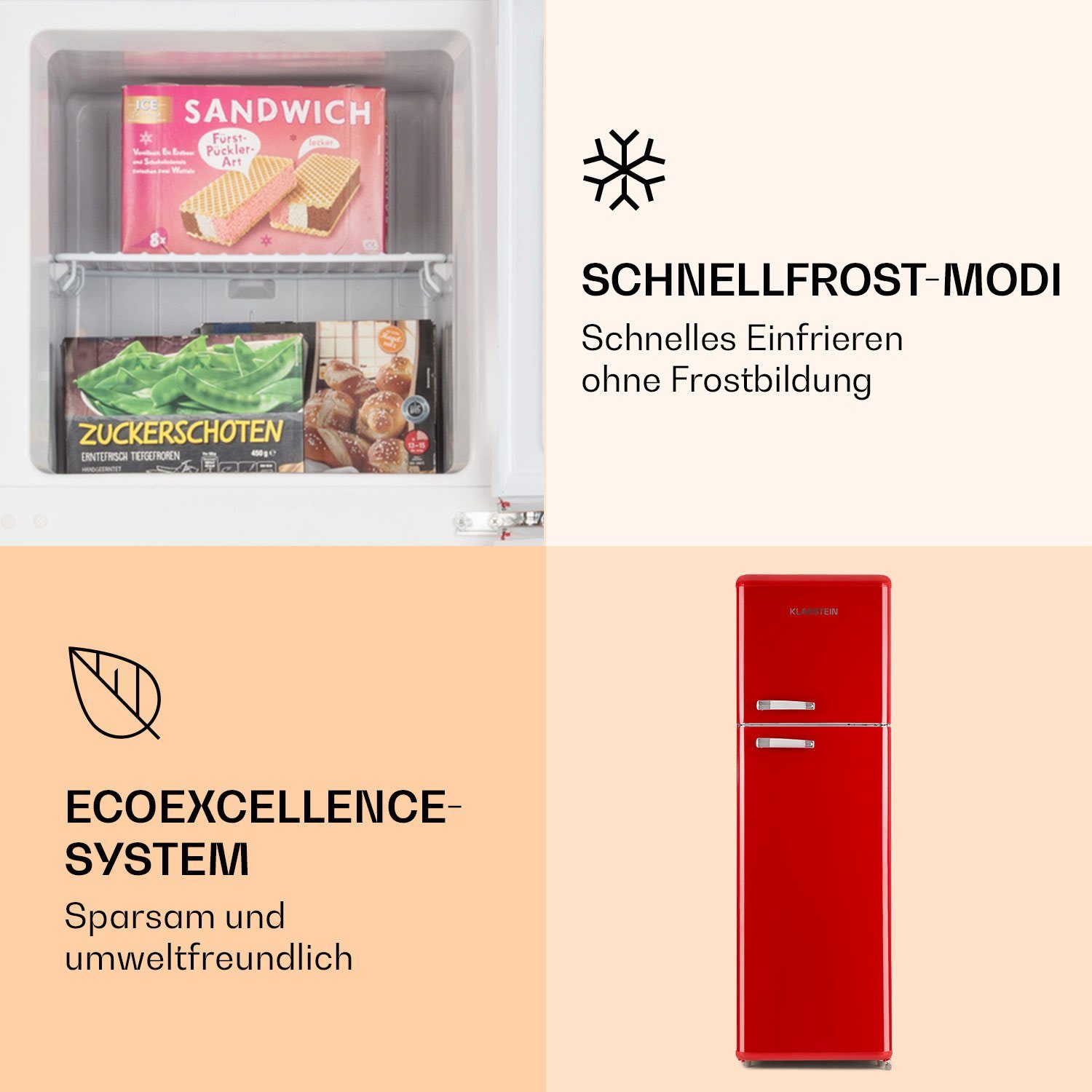 Klarstein Kühl-/Gefrierkombination CO2- Audrey 250R 10032238A, 172 cm hoch, 55 cm breit, Kühlschrank mit Gefrierfach Kühl Gefrierkombination freistehend Retro