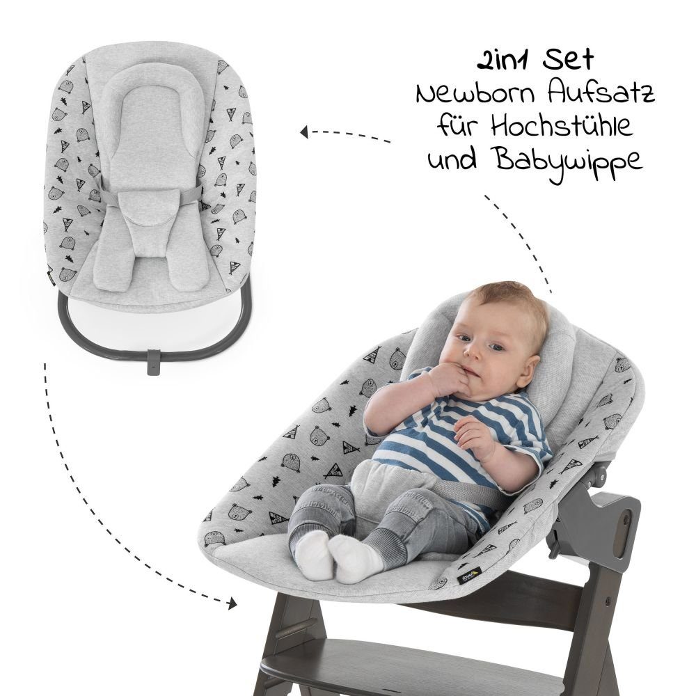 Hauck Hochstuhl Alpha Charcoal Select (Set, 4 St), Holz Babystuhl ab Geburt inkl. Aufsatz für Neugeborene & Sitzauflage