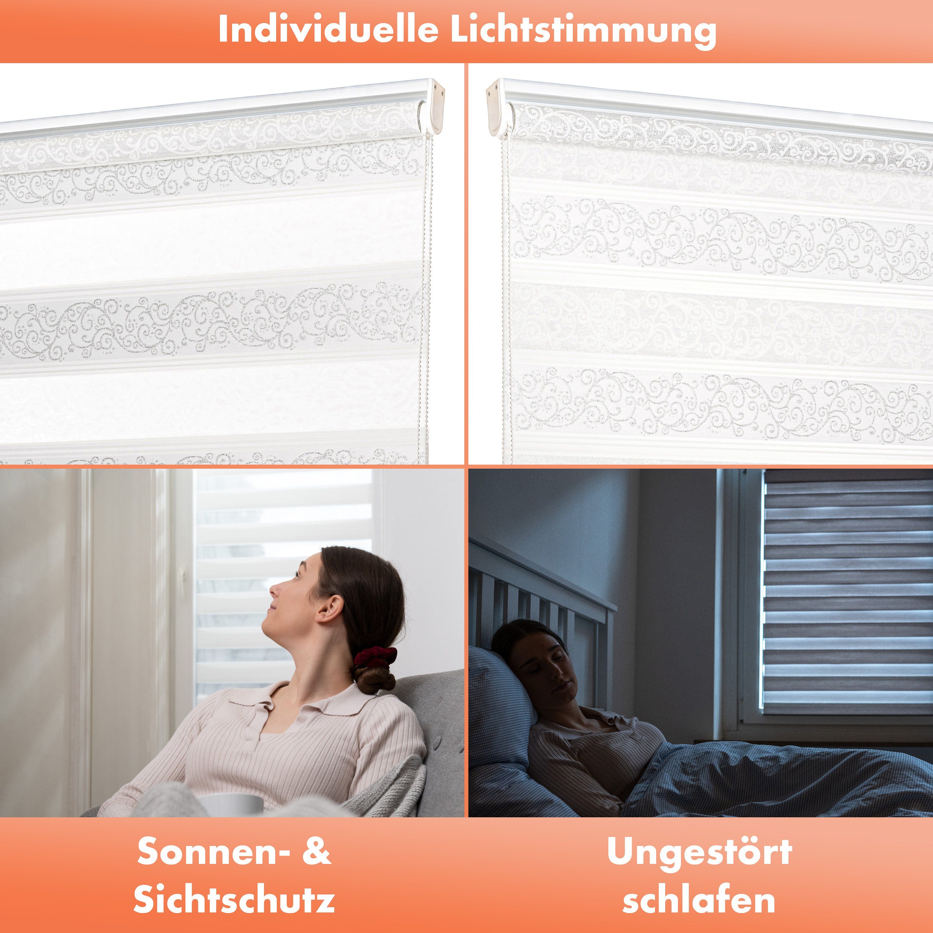 Doppelrollo ohne Bohren, Doppelrollo für Fenster mit Muster, Bailena, Lichtschutz, ohne Bohren, freihängend, Klemmfix, Duo Rollos mit Perlen, glitzernd, Ranken Blumen Motiv
