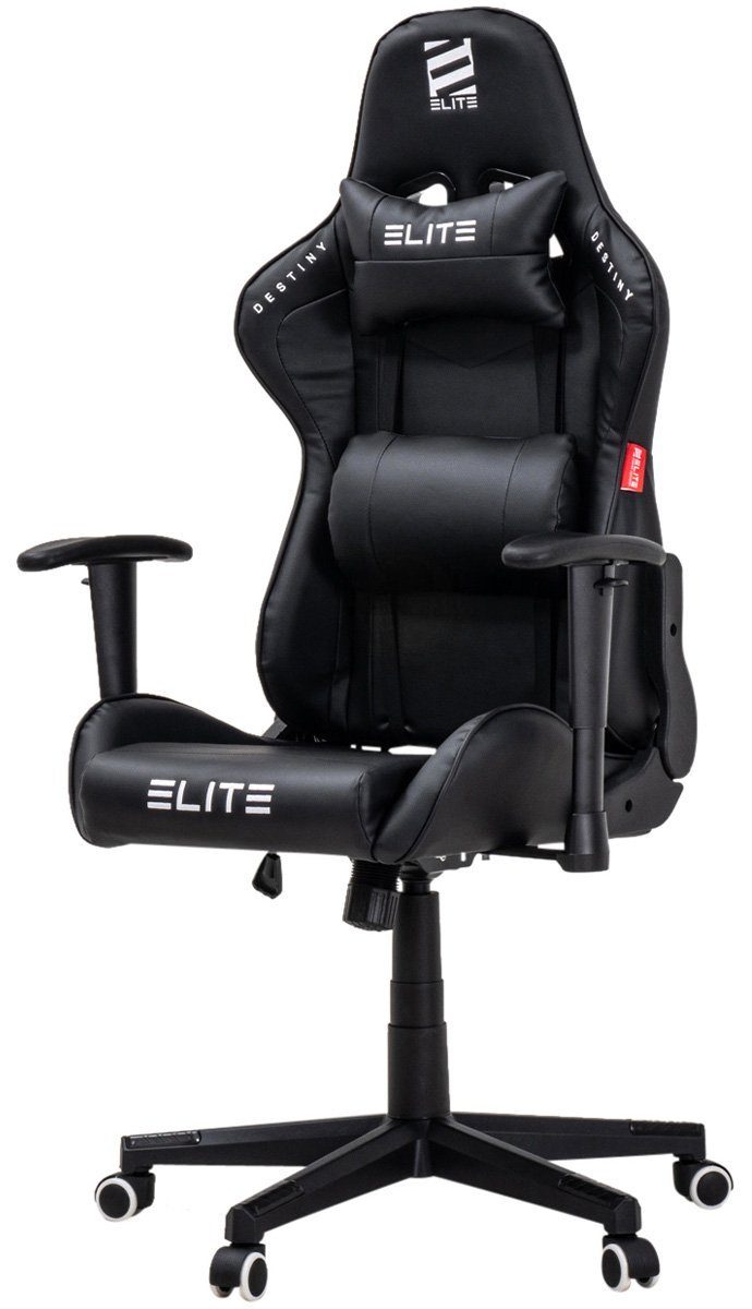 ELITE Gaming Gaming-Stuhl Ergonomischer Bürostuhl Destiny inkl. Rücken- & Nackenkissen (Drehstuhl mit 2D-Armstützen, verriegelbare Wippmechanik, mechanische Härtegradeinstellung, verstellbare Sitzhöhe, 90° klappbare Rückenlehne, Sicherheits-Doppelrol