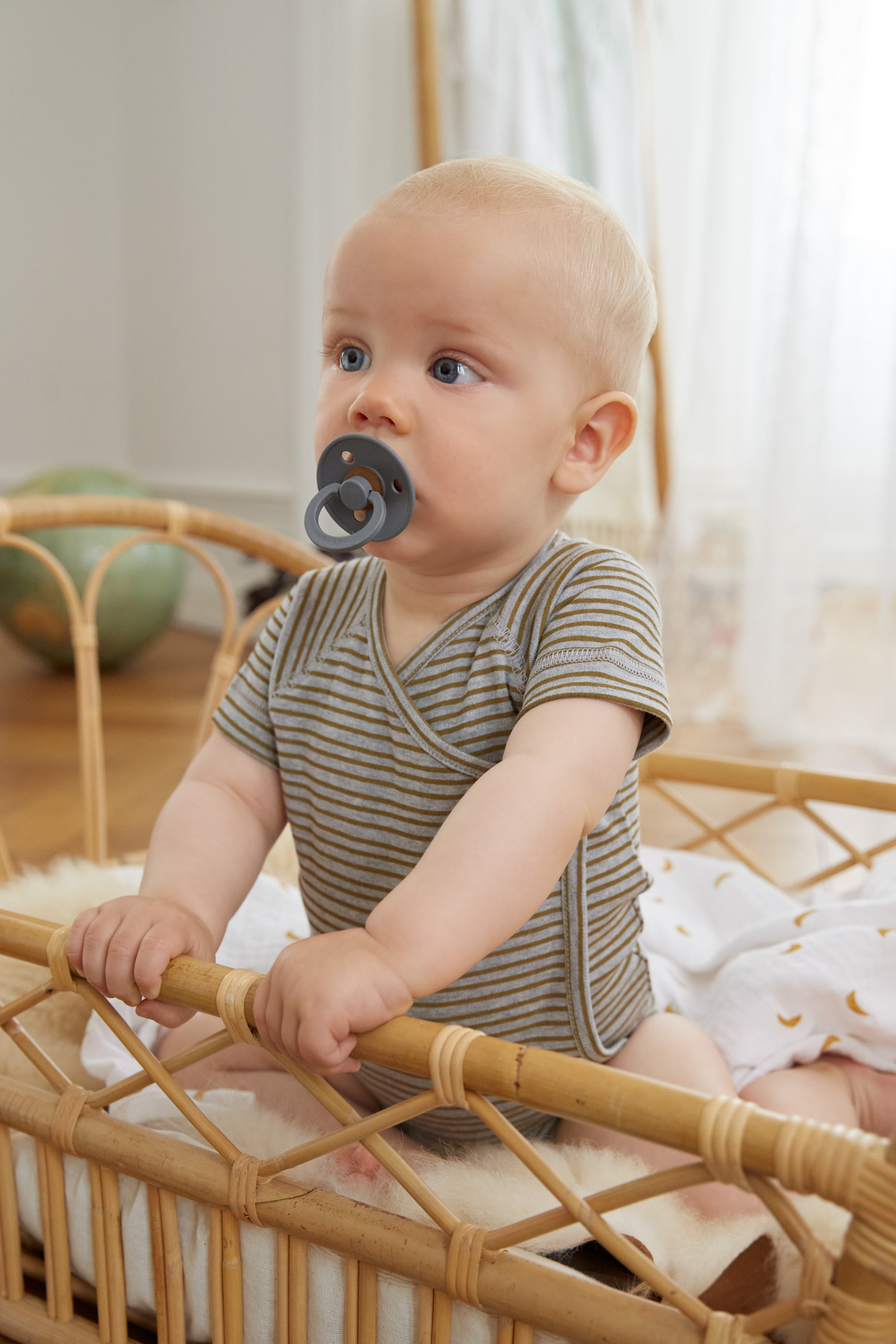 Baby Wickelbody langarm - Bio Baumwolle, Streifen, Grau meliert