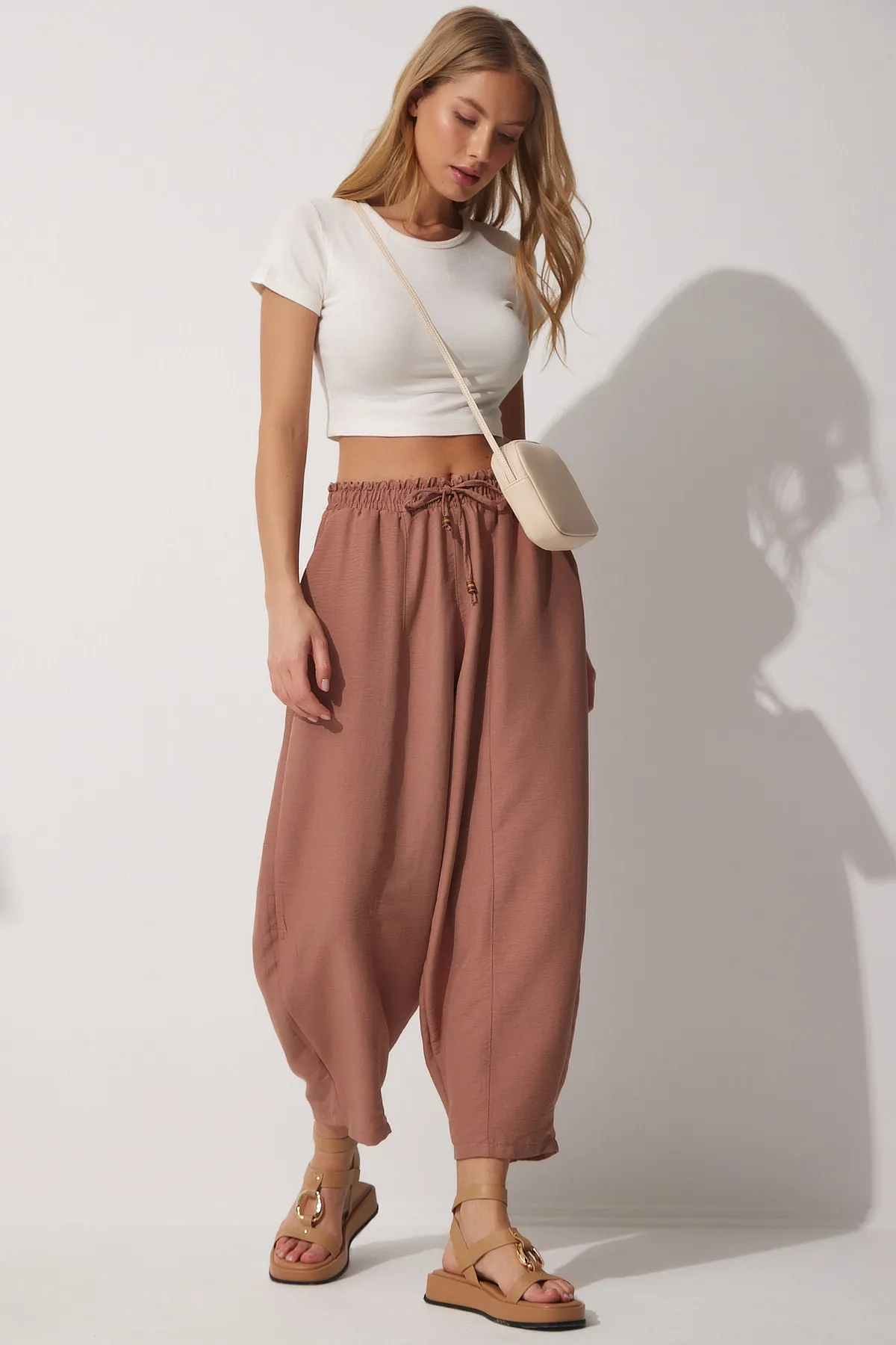 Happiness İstanbul  Damen-Shalwar-Hose aus Leinen-Viskose mit Taschen, Kakaofarben, CV00001