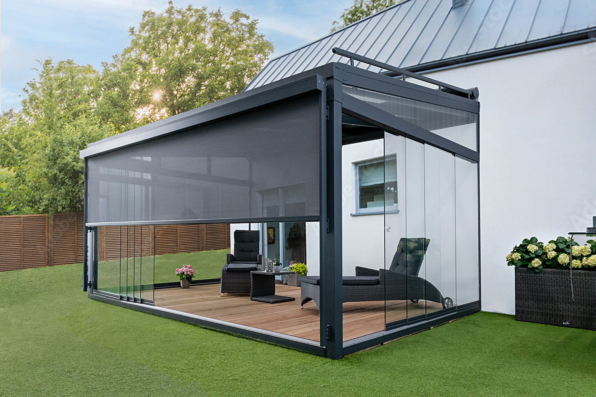 Akbulut Terrassendach Premium Terrassendach XL Anthrazit, BxT: 300x150 cm, Bedachung 16mm Doppelstegplatten Polycarbonat, Stranggepr. Aluminium, XL Sparren, Material bis 7mm, Pulverbeschichtet