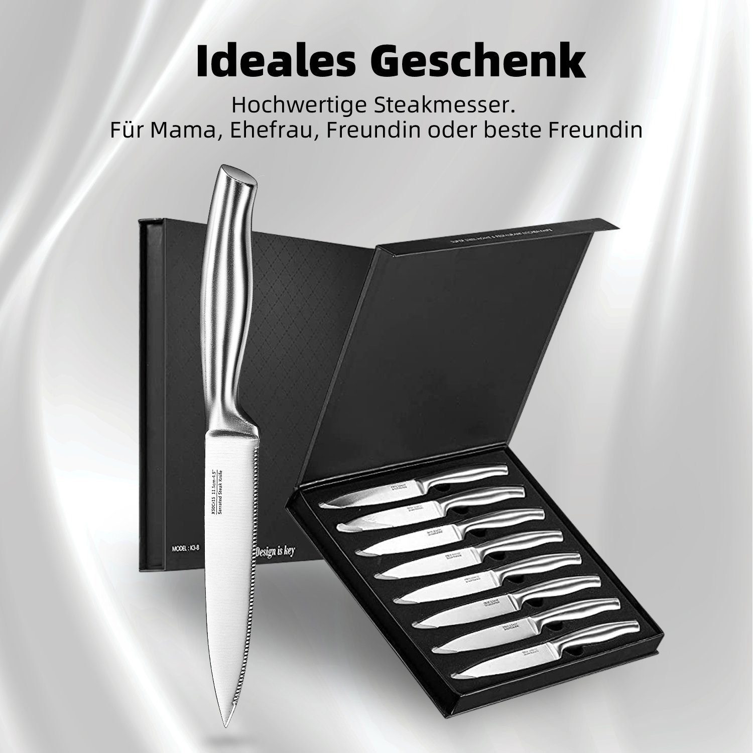 Authmic Steakmesser Steakmesser, Steakmesser Set, Steakmesser Set 8 teilig 12cm Steakbesteck mit scharfem Wellenschliff , Silbernes Steakmesser