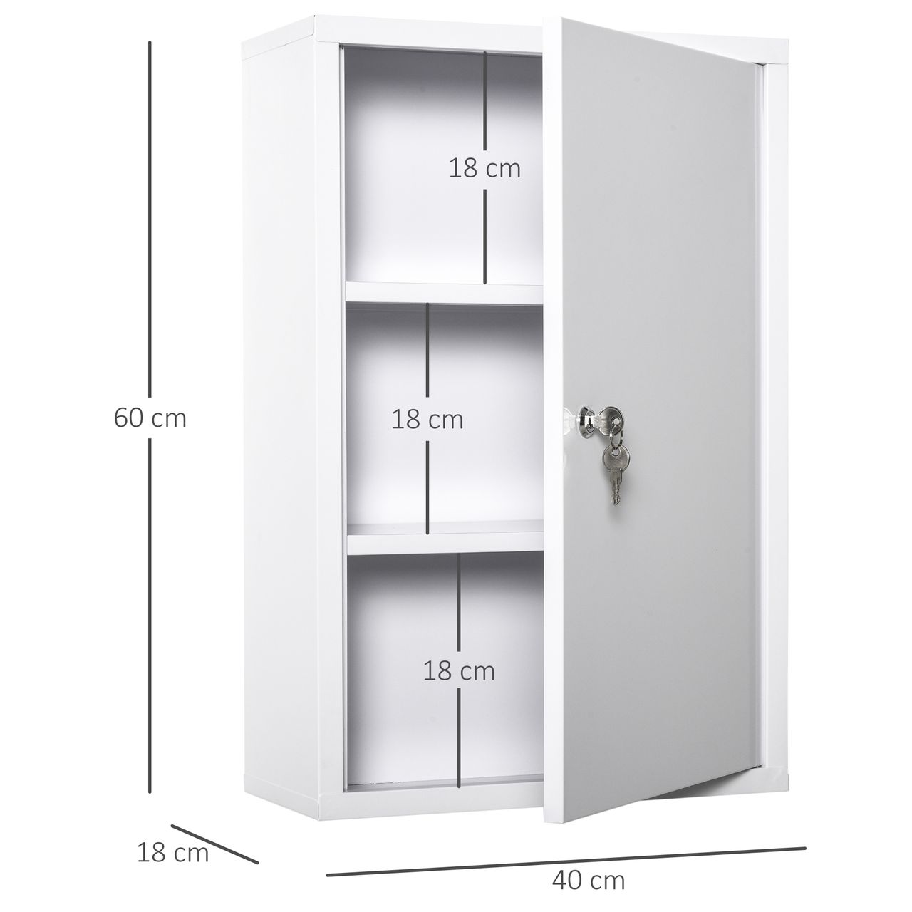 kleankin Medizinschrank Arzneischrank Erste-Hilfe-Schrank mit Schloss 3 Fächer Stahl Weiß 40 x 18 x 60 cm
