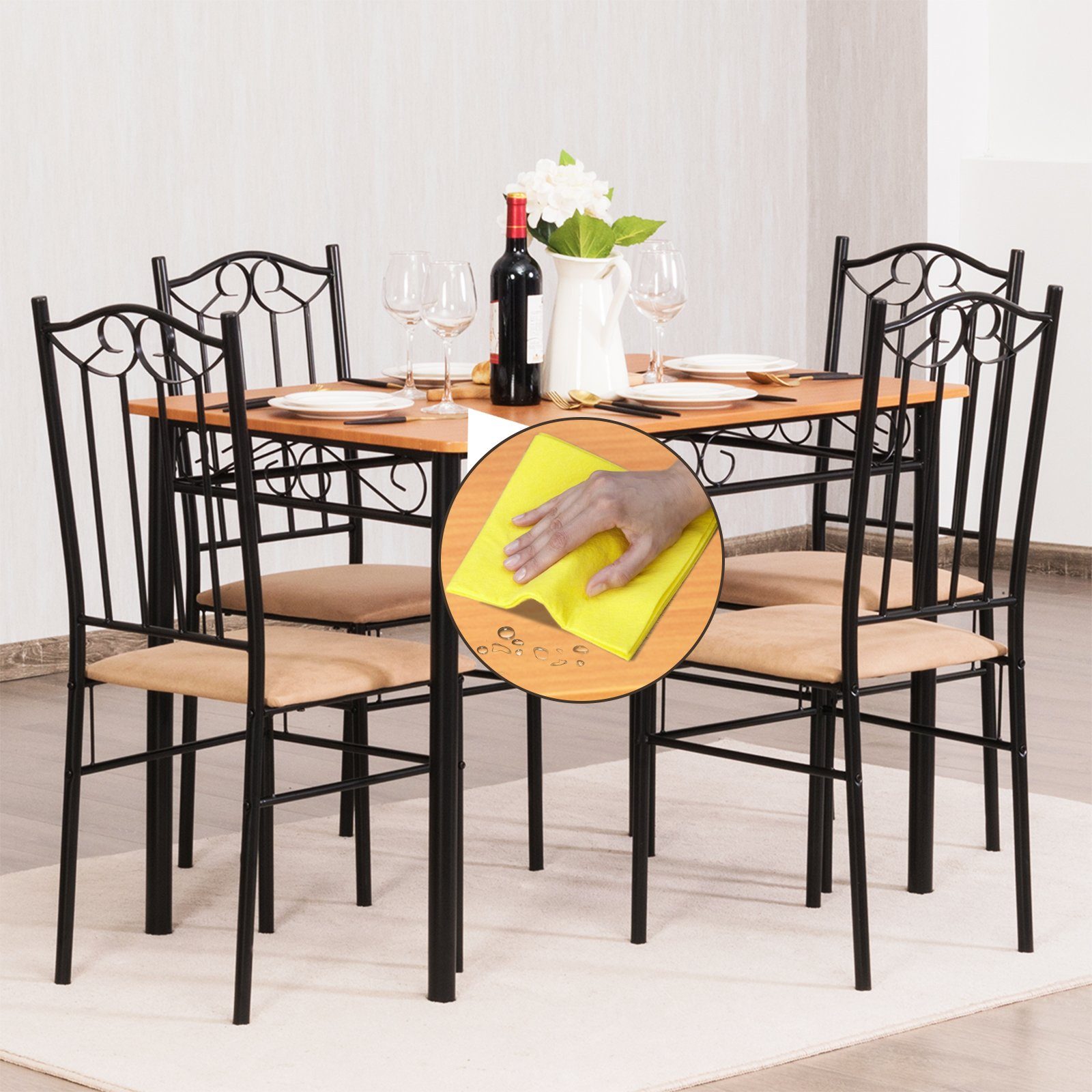 COSTWAY Essgruppe, Esstisch mit 4 gepolsterten Stühlen, Metall, platzsparend