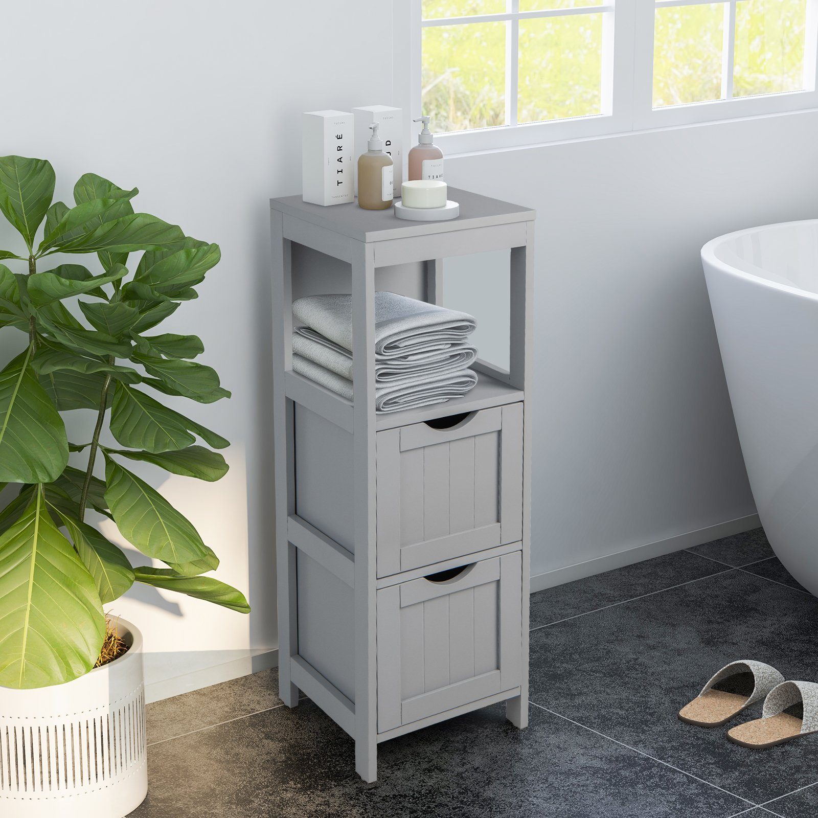 COSTWAY Badkommode, Badezimmerschrank, mit 2 Schubladen & Regal, 30x30x90cm