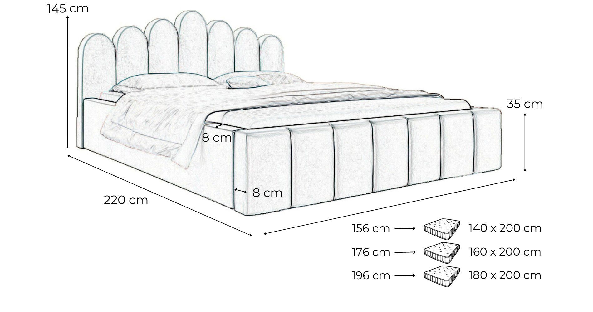 MOEBLO Polsterbett Bett 03 (Double Doppelbett mit Kopfstütze, Rahmenbettgestell, mit Bettkasten und Lattenrost), gepolstertes Kopfteil