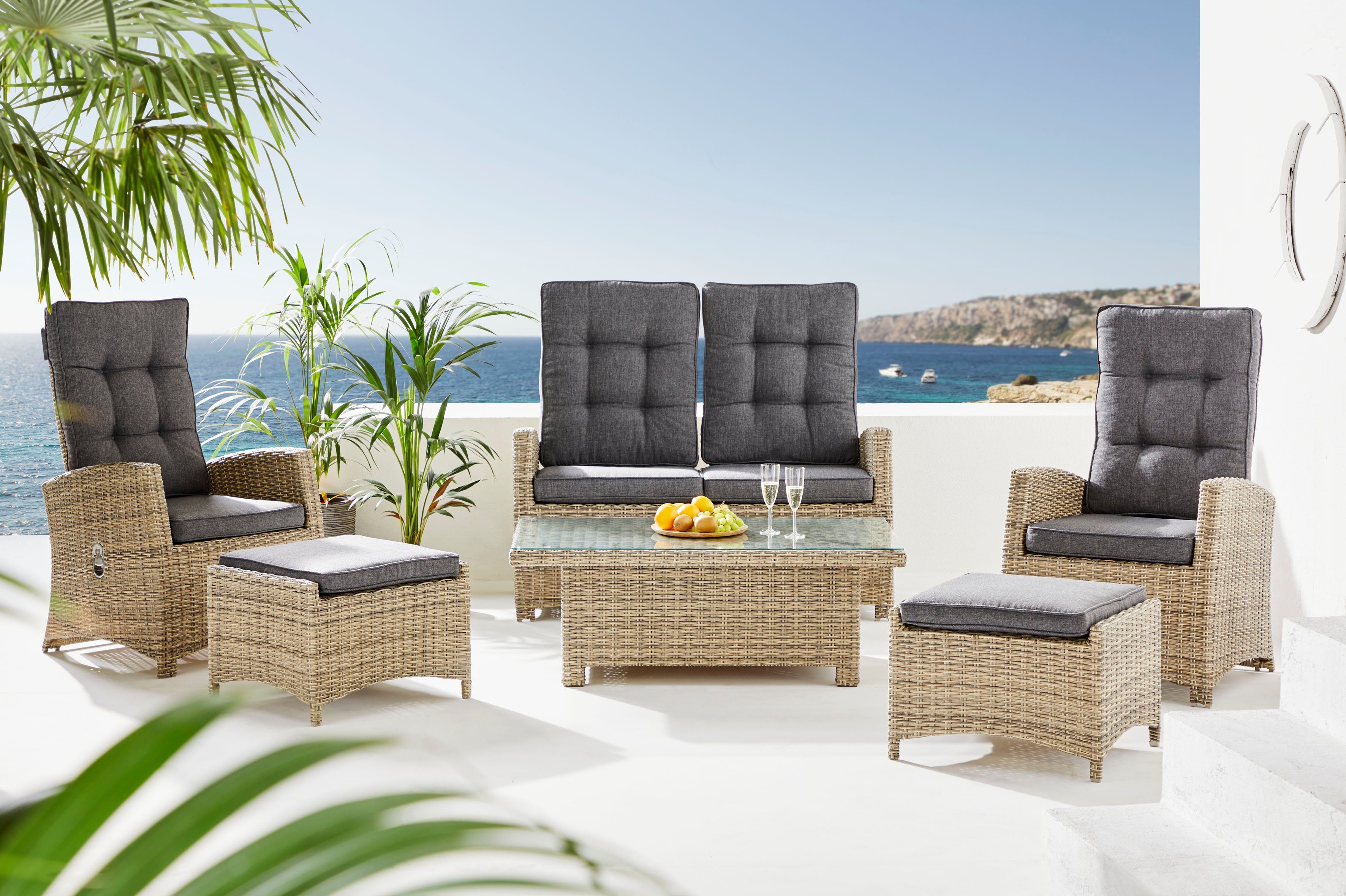 KONIFERA Gartenlounge-Set Monaco, (Set, 16-tlg., inkl. Auflagen, Alu, Polyrattan), höhenverstellbarer Tisch 43,5 - 66,5 cm