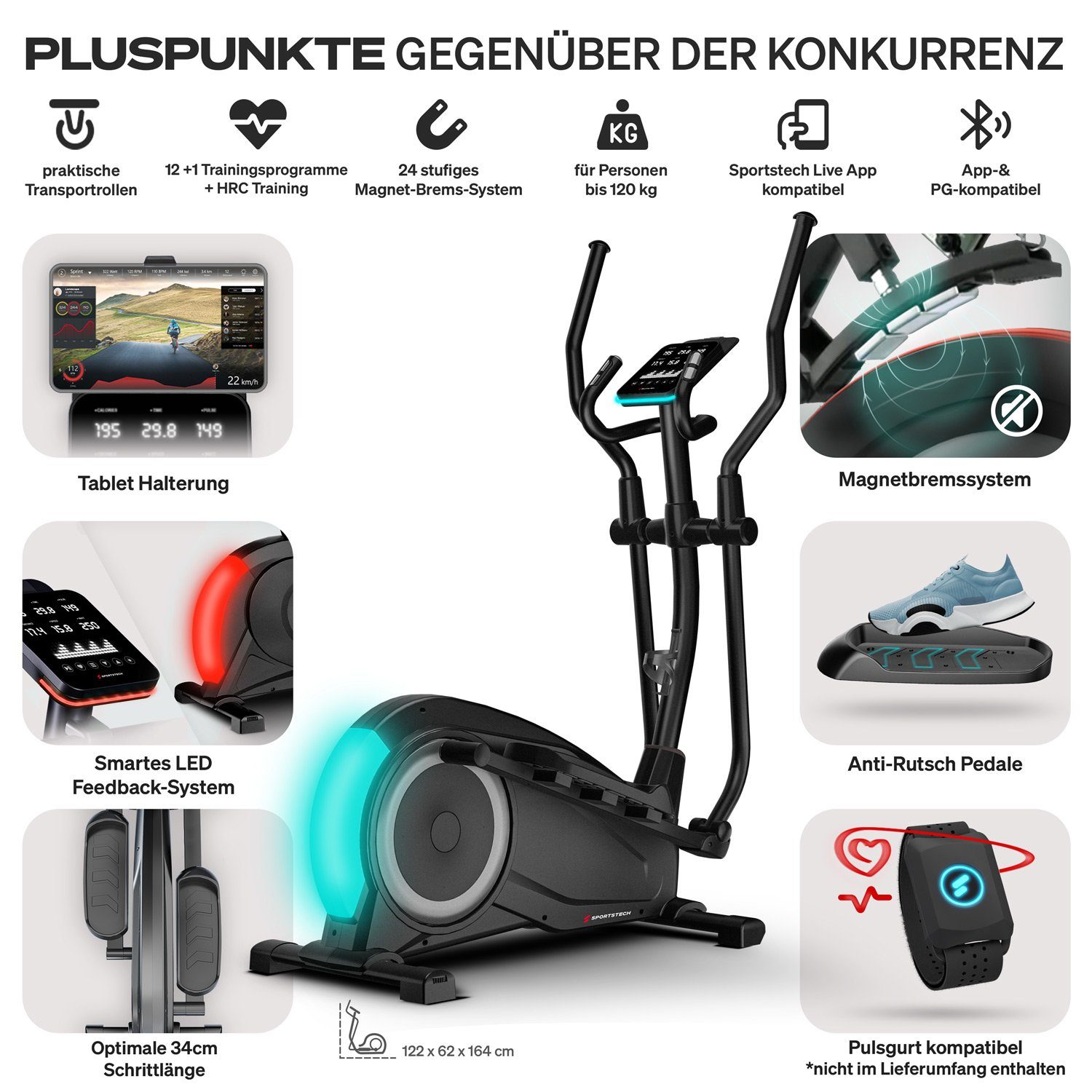 Sportstech Crosstrainer CX700, innovativer LED Technologie, Profigerät Crosstrainer für Zuhause