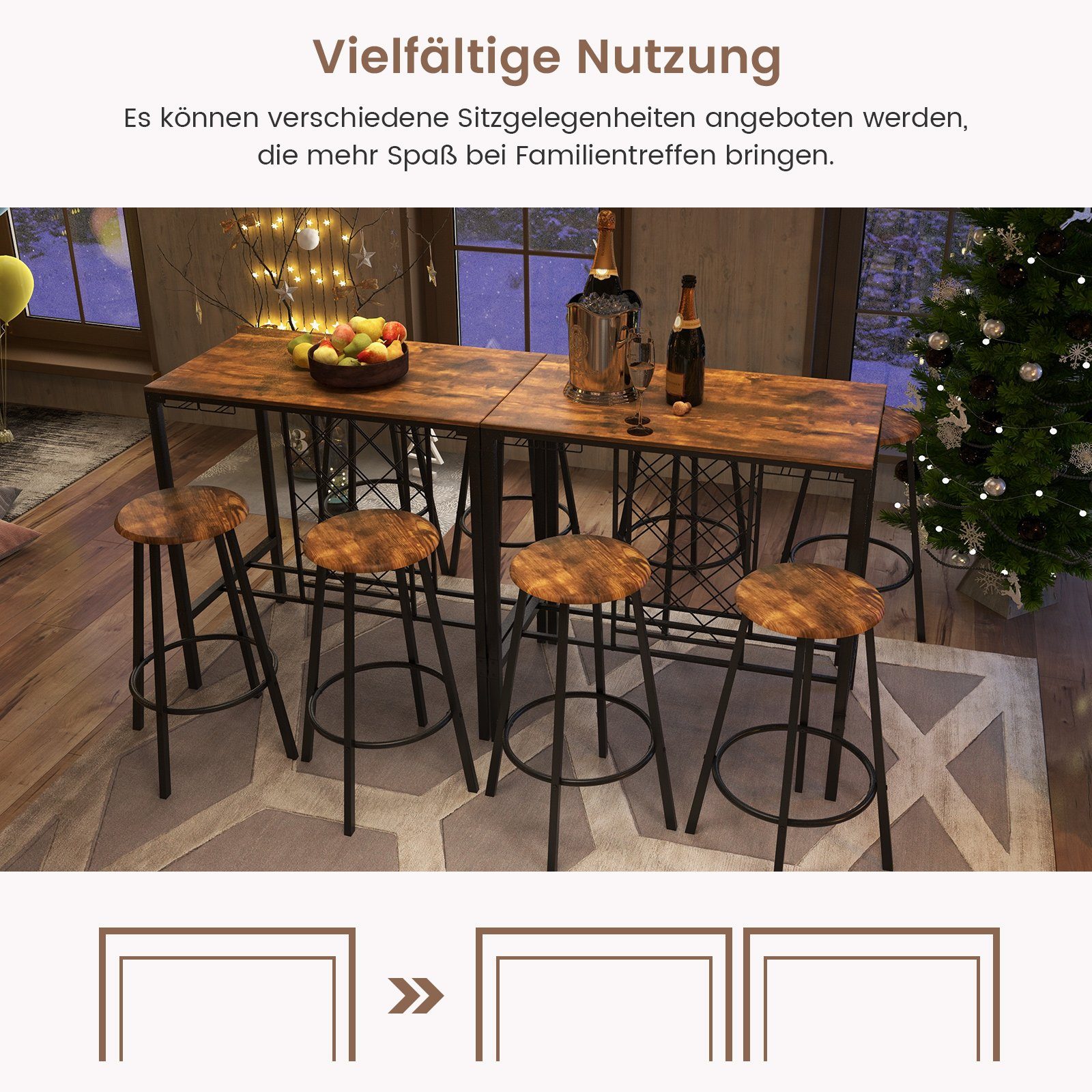 COSTWAY Bartisch, 5-tlg. mit 4 Barhockern, Weinregal und Glashalter