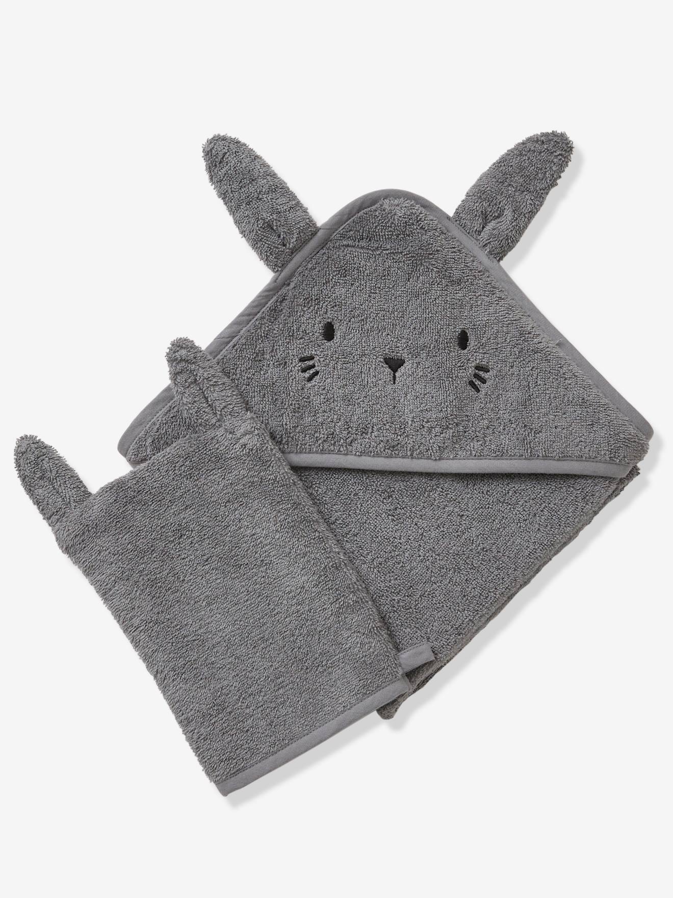 Cape de bain + gant en coton bio* anthracite