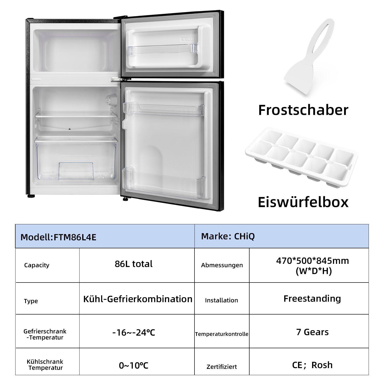 CHiQ Kühl-/Gefrierkombination FTM86L4E, 85 cm hoch, 47 cm breit, 86l,12 Jahre Garantie auf den Kompressor