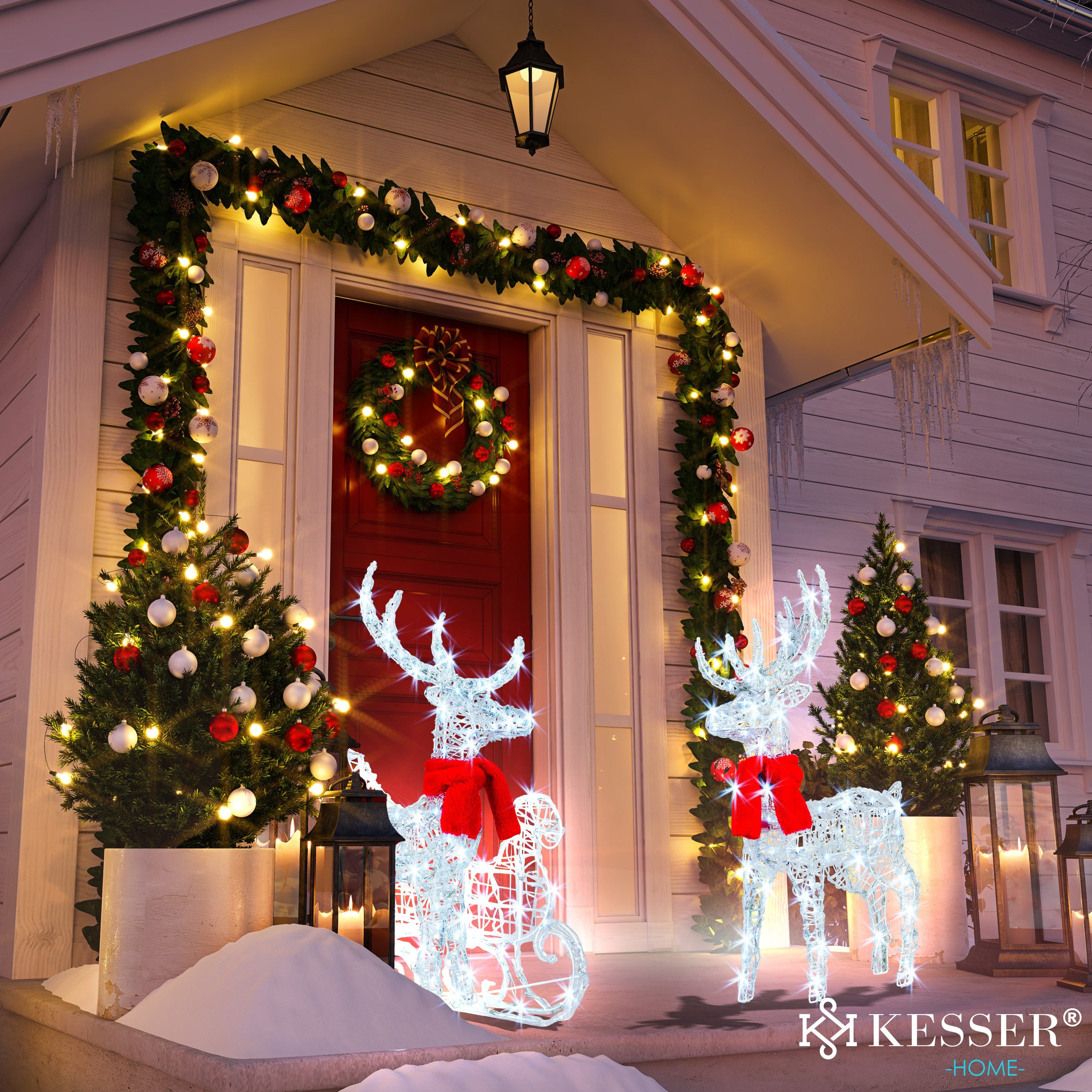 KESSER Weihnachtsfigur, 240er LED Rentiere Schlitten weiß Timer Weihnachtsbeleuchtung