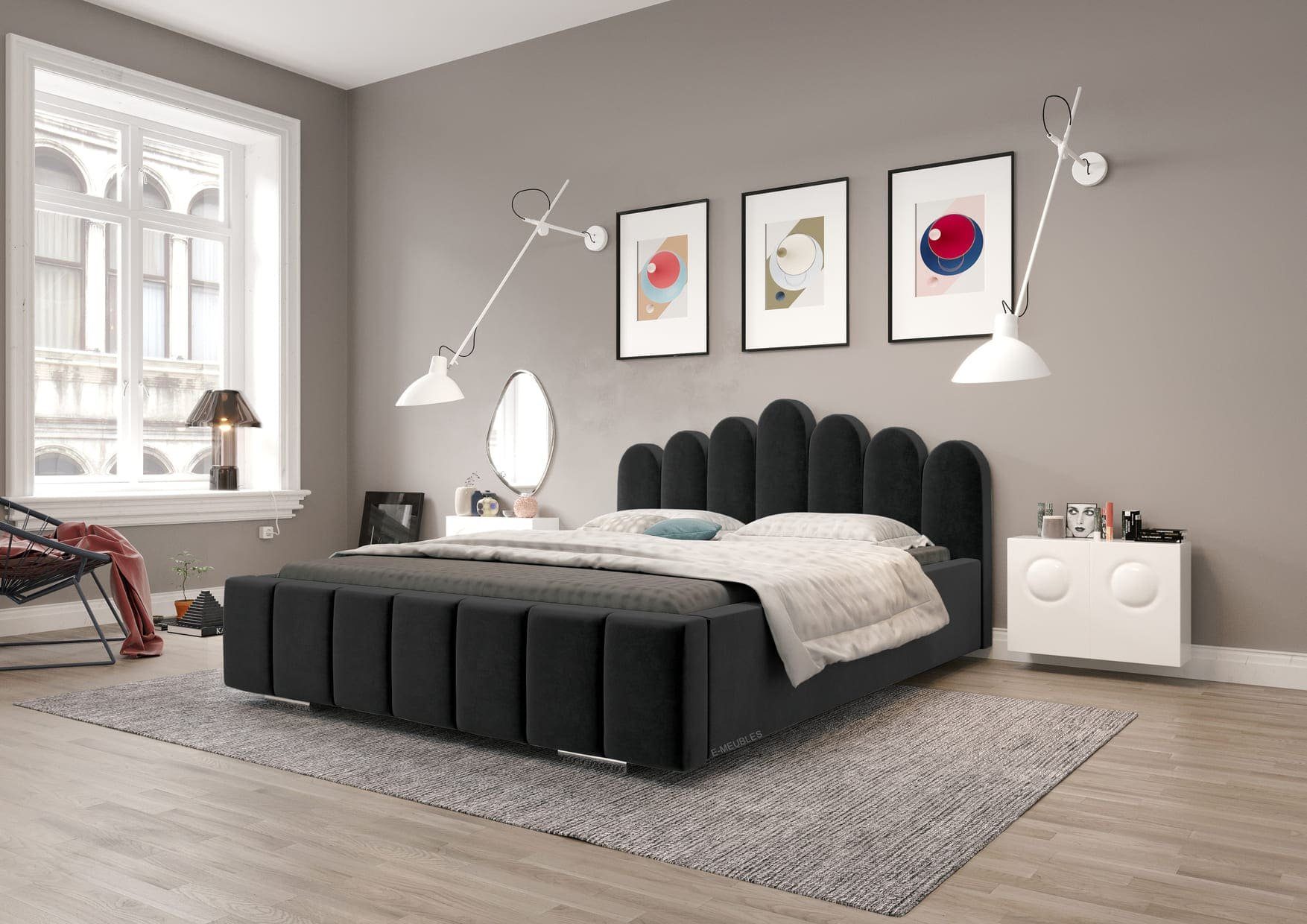MOEBLO Polsterbett Bett 03 (Double Doppelbett mit Kopfstütze, Rahmenbettgestell, mit Bettkasten und Lattenrost), gepolstertes Kopfteil