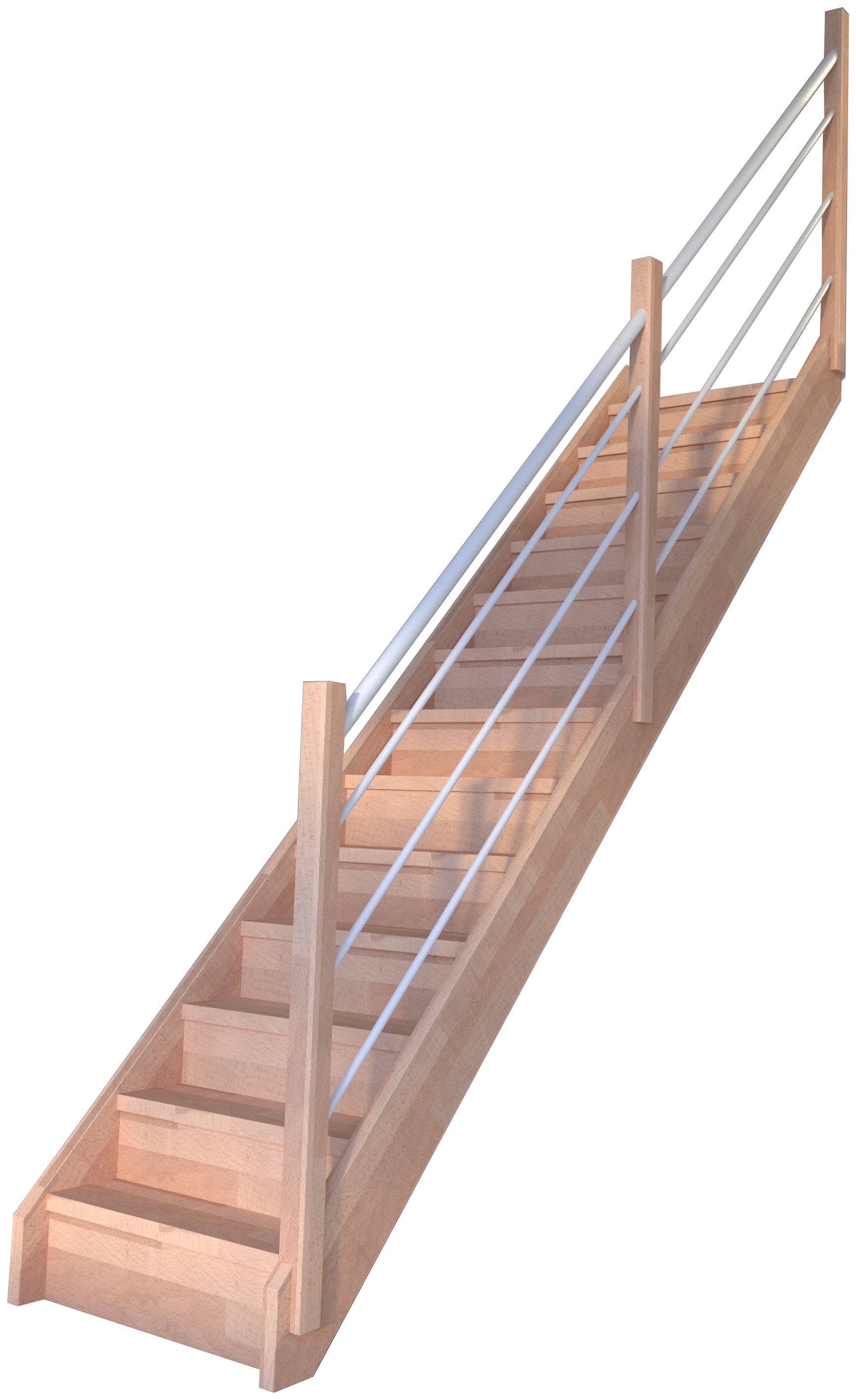 Starwood Systemtreppe Massivholz Mykonos, Holz-Edelstahlgeländer Weiß Rechts, für Geschosshöhen bis 280 cm, Stufen geschlossen, Durchgehende Wangenteile
