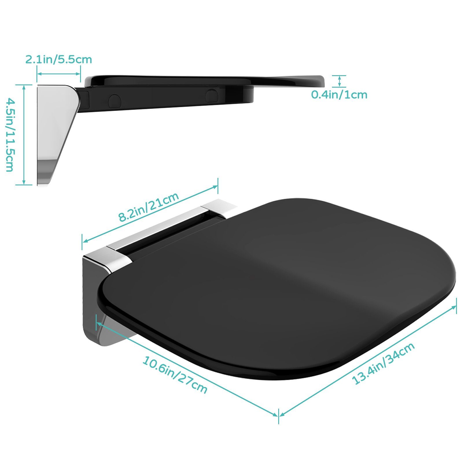 HEUFFE Duschklappsitz zur wandmontage, für Senioren & Kinder, klappbar, rechteckig, schwarz, belastbar bis 200,00 kg, modern, gebogenes Design, mit Anti-Rutsch-Polster, EUIPO-zertifiziert
