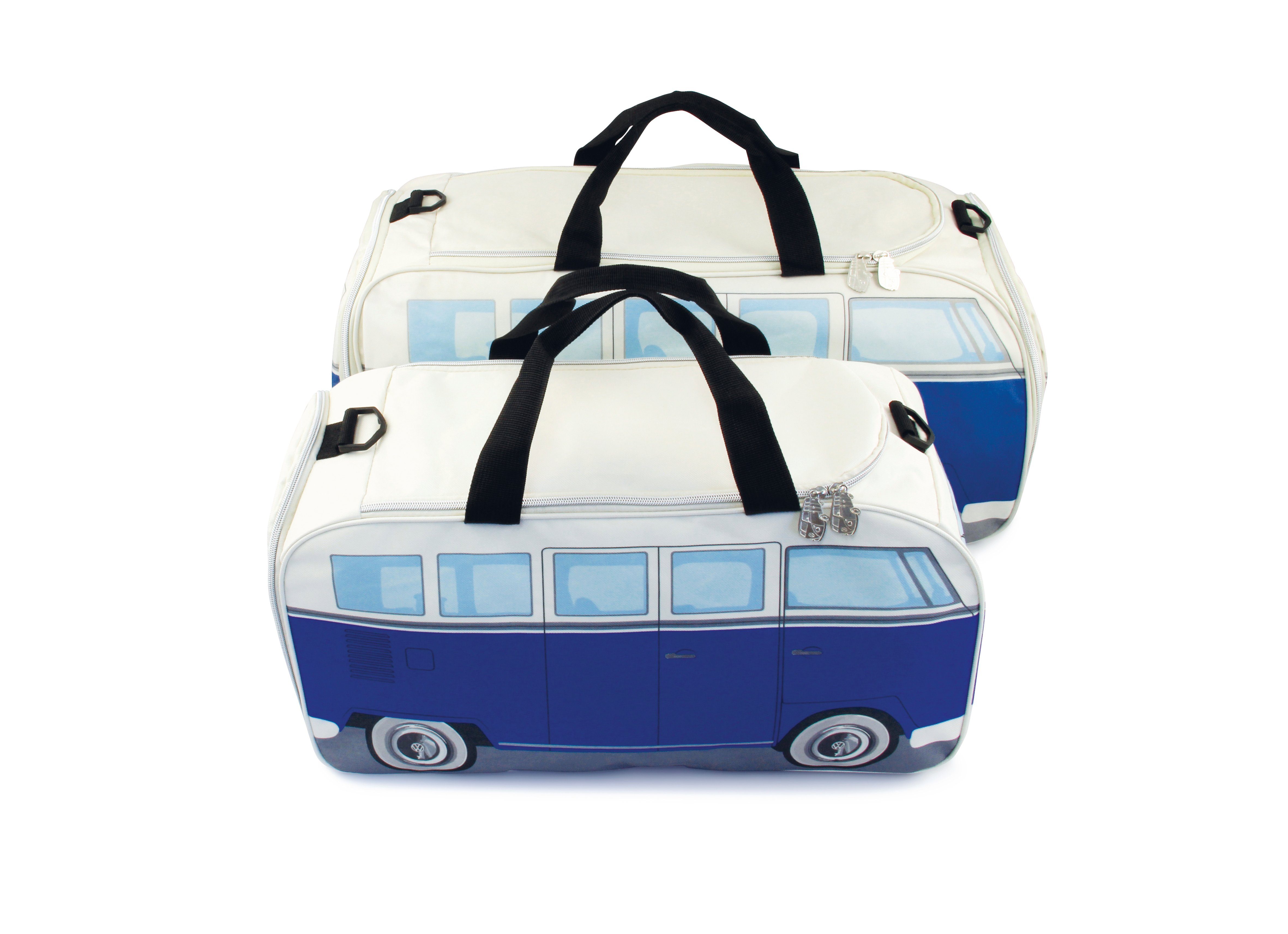 VW Collection by BRISA Sporttasche Volkswagen Retro-Sport-Umhänge-Schulter-Fitness-Tasche, in T1 Bulli Bus Form Klein Classic Bus in Blau & Beige