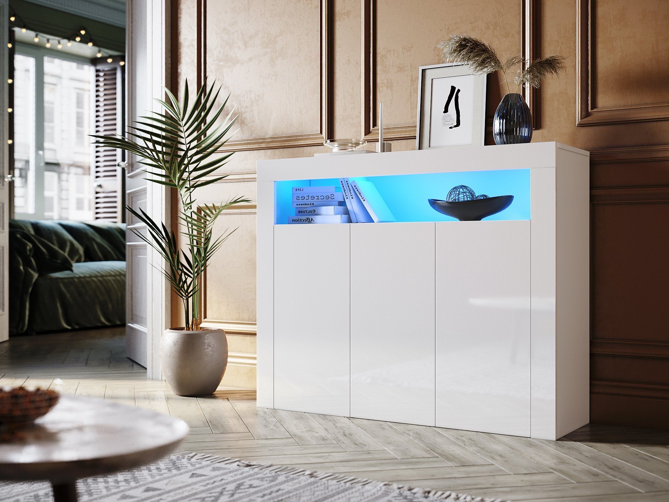 SONNI Kommode Sideboard Weiß Hochglanz mit LED Beleuchtung, Kommodenschrank Sideboard für Küche und Esszimmer, Wohnzimmer