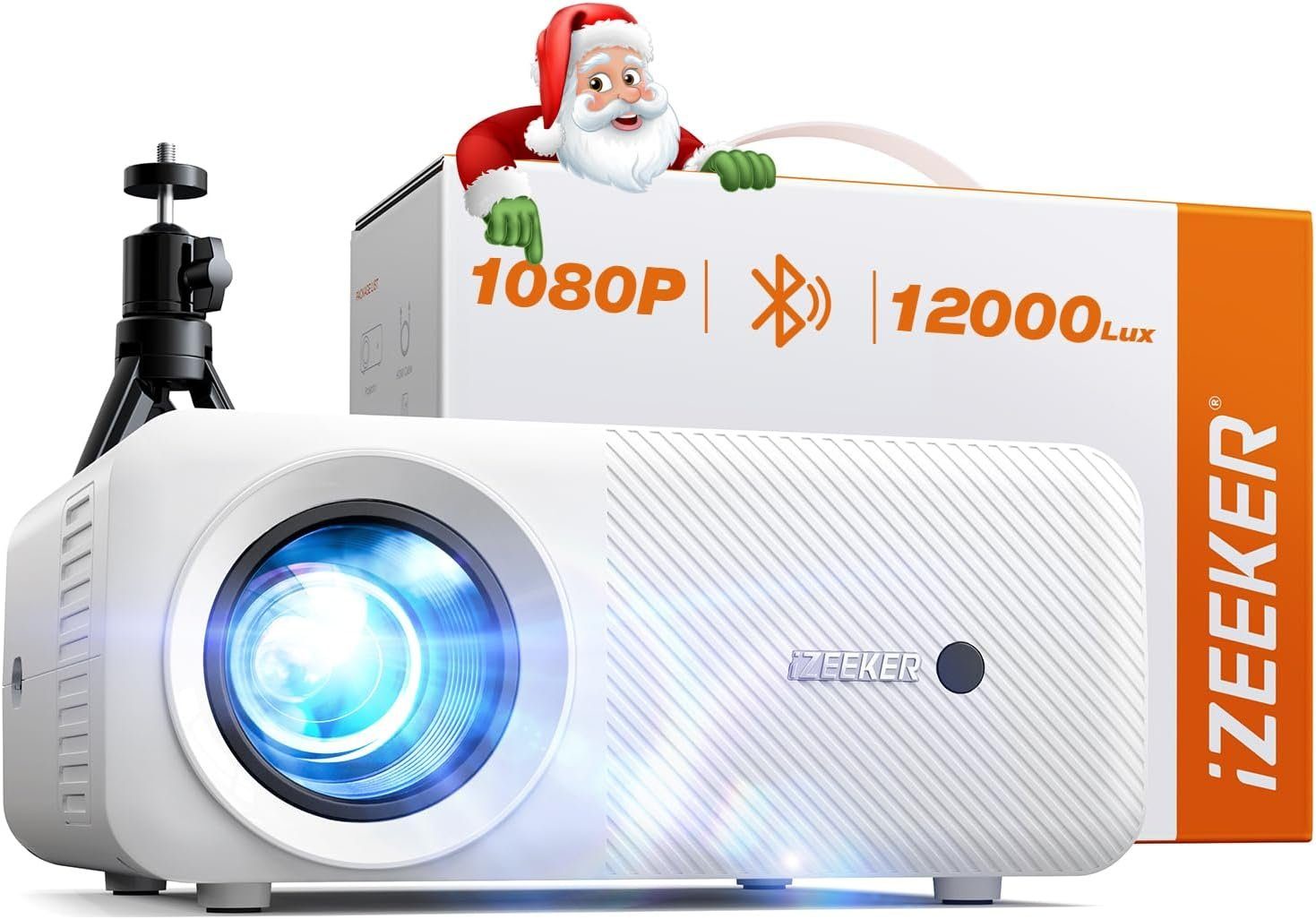 iZEEKER Beamer Bluetooth mit Stativ, Video Portabler Projektor (12000 lm, 10.000:1, 1920 * 1080P px, für Handy Phone Heimkino Projektor Kompatibel mit iOS AndroidPCTVStick)