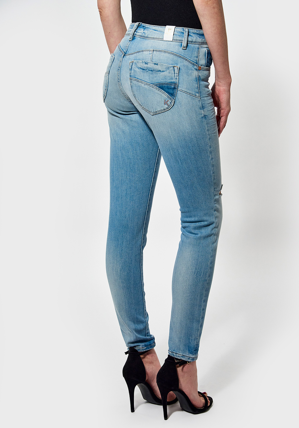 FLORE  Jean slim femme bleu effet délavé et déchiré
