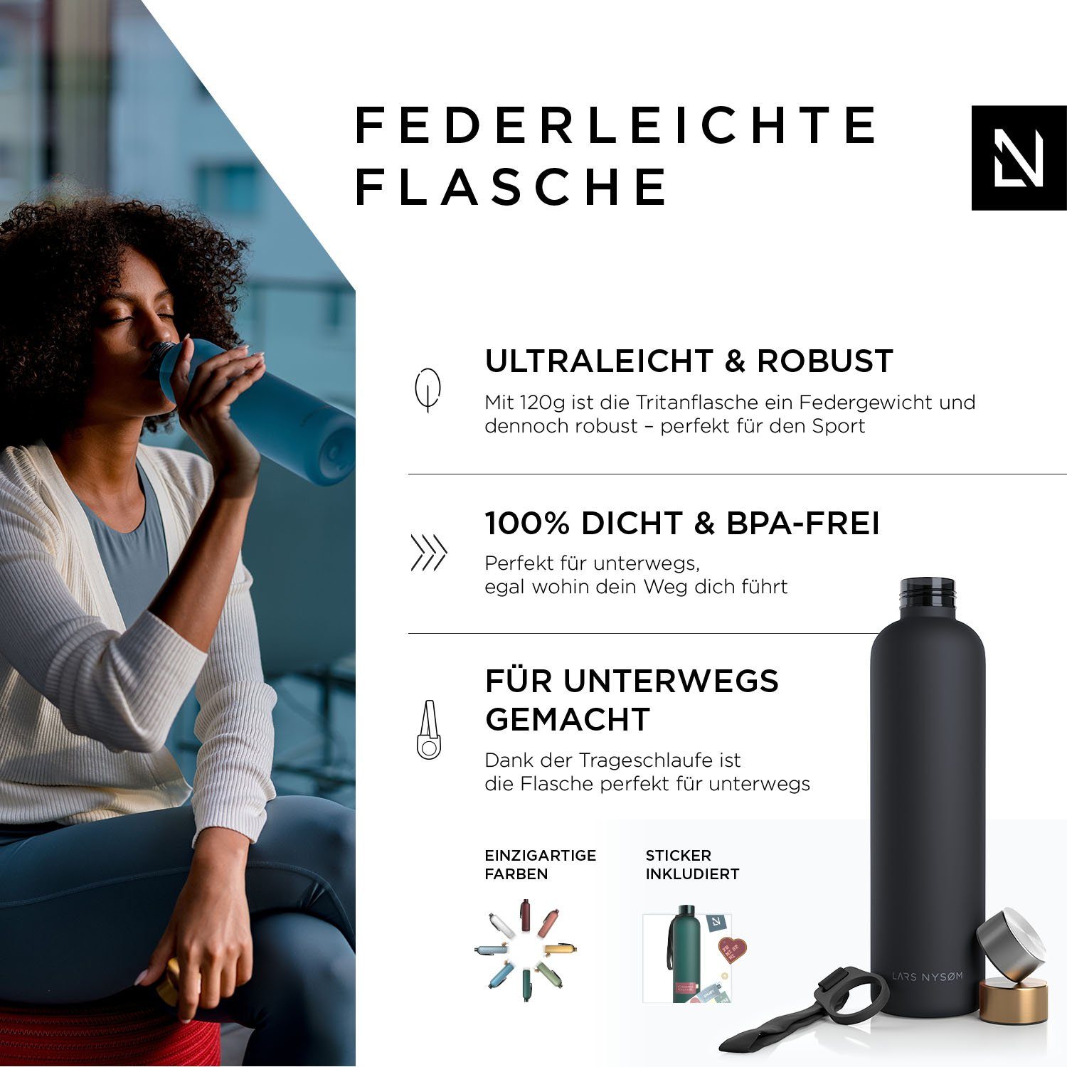 LARS NYSØM Trinkflasche Blæst, auslaufsichere & ultraleichte Tritan Sport Flasche