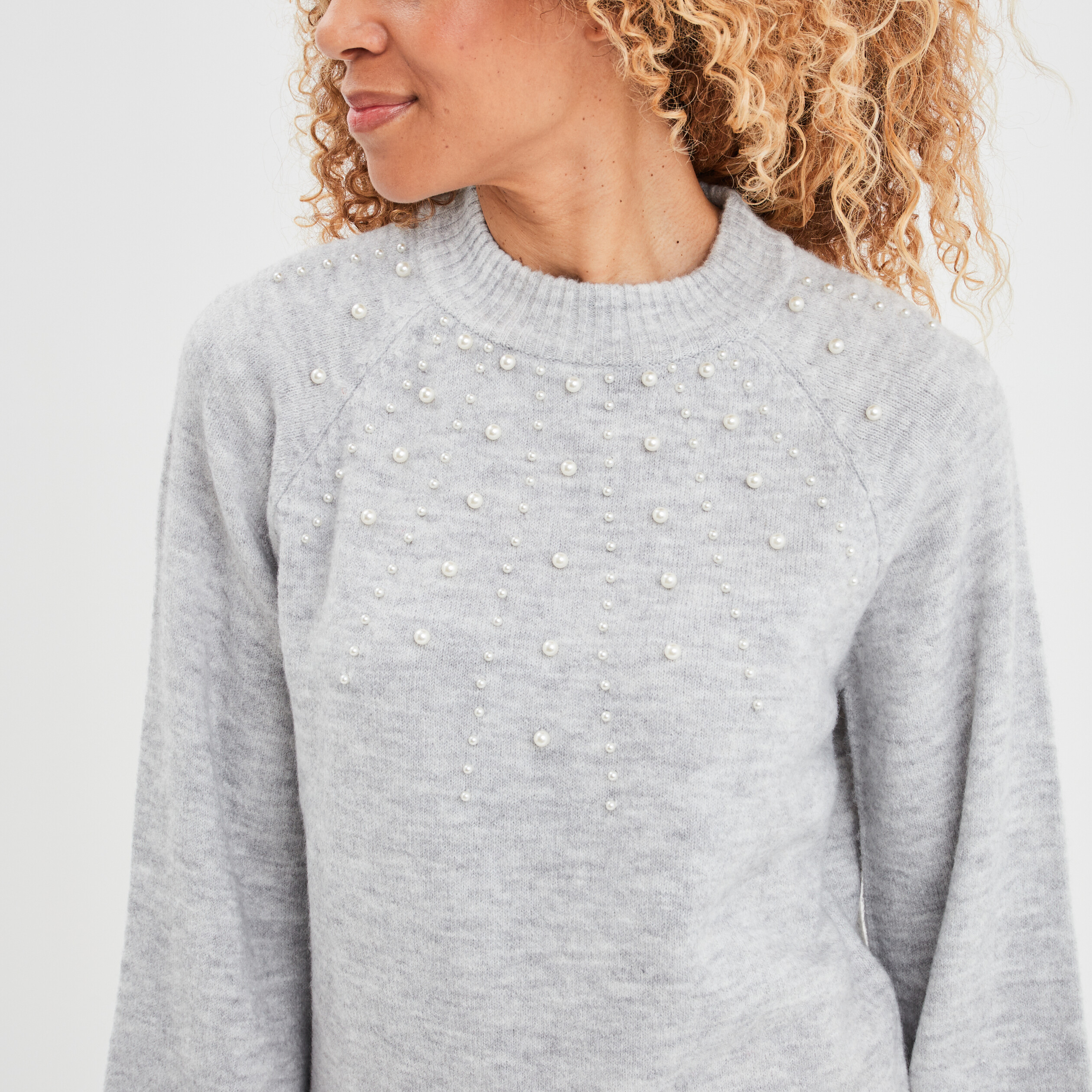 Pull avec perles et manches ballons gris clair femme | La Halle