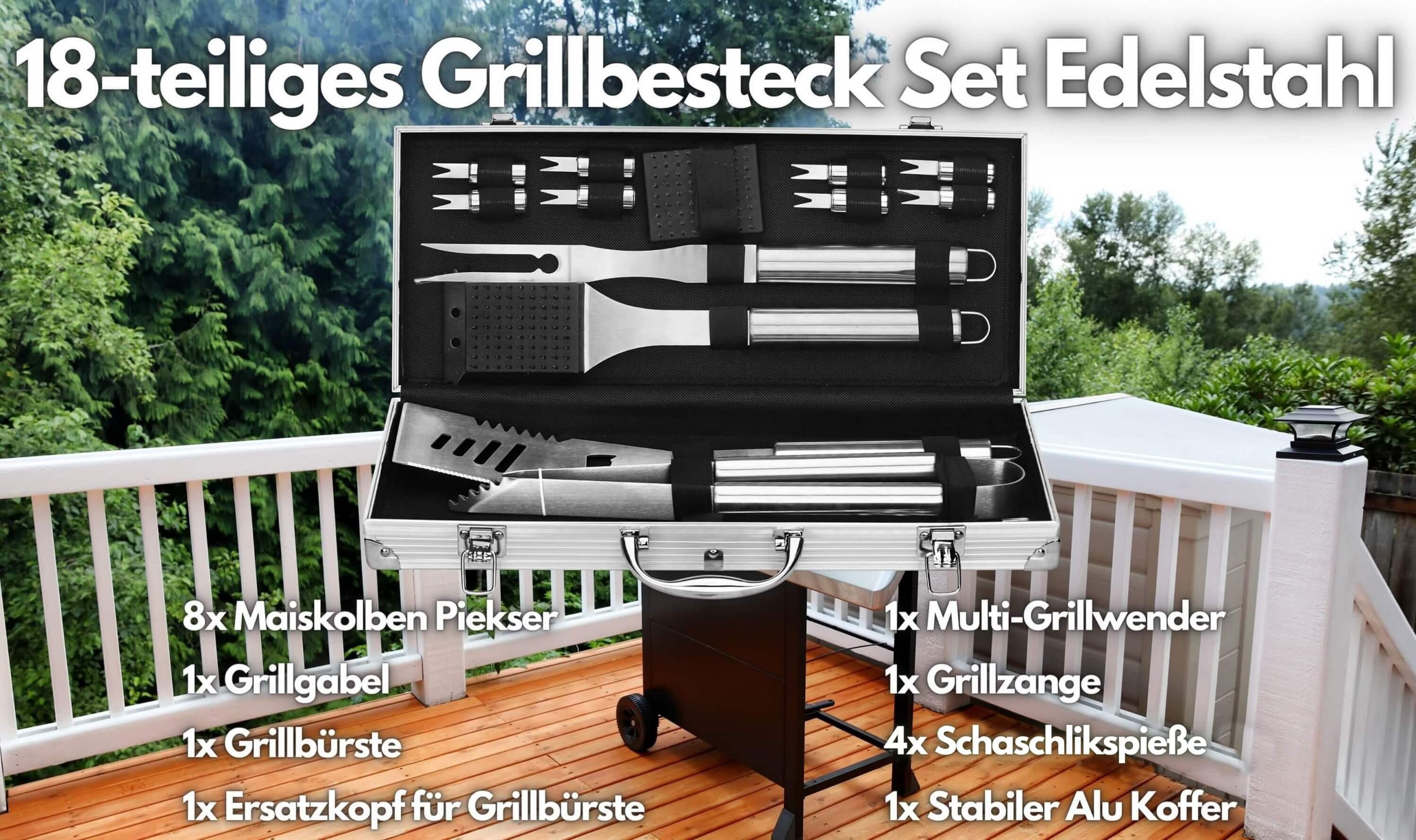 echos Grillbesteck-Set Eco-8090, (Set, 18 tlg., 18-teiliges Grillbesteck Set, Stabiler Alukoffer zur Aufbewahrung und zum Transport), 18-teiliges Grillbesteck Set, hochwertiges Edelstahl, Stabiler Alukoffer, Geschenkset