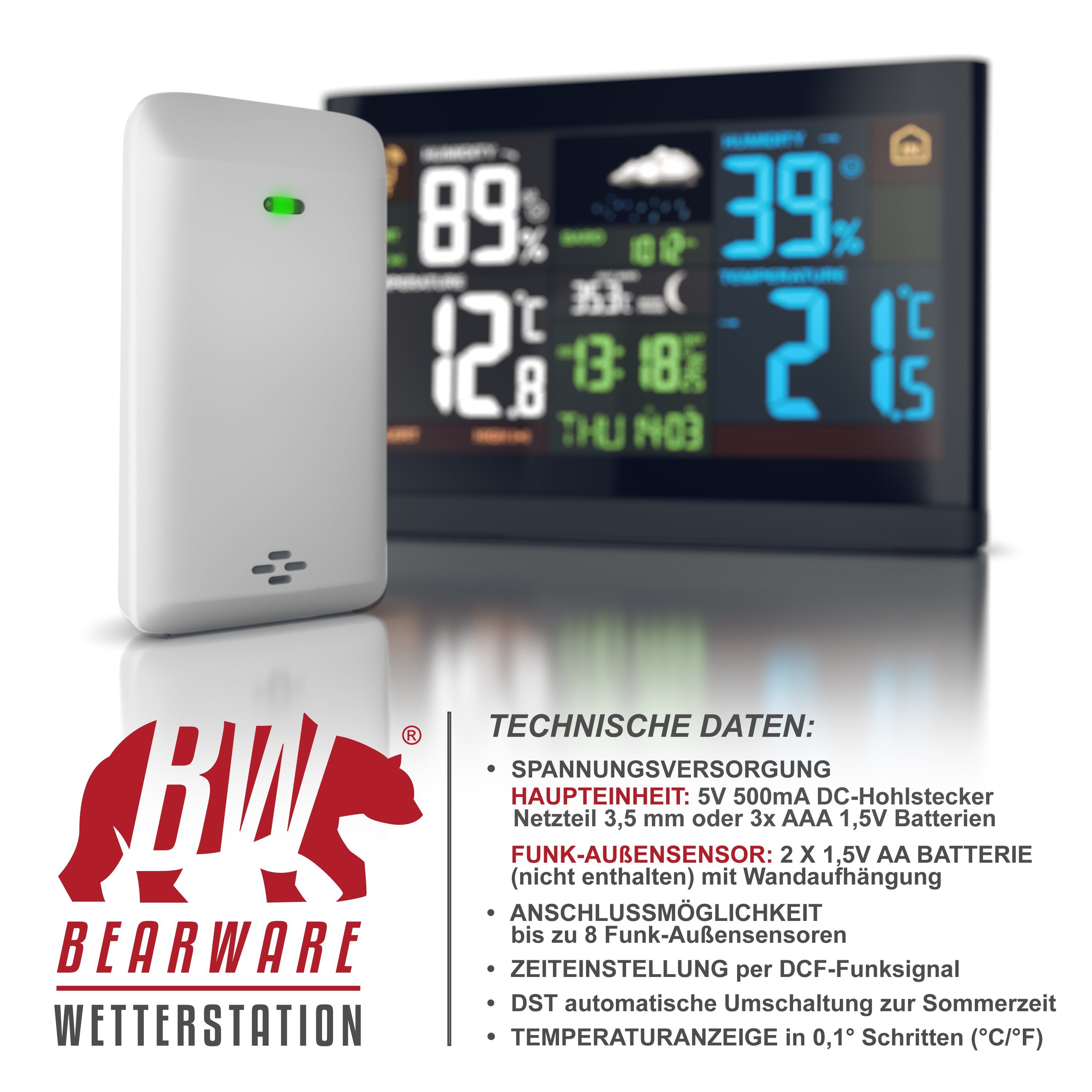 BEARWARE Wetterstation (mit Außensensor, Funk Wetterstation - Luftdruck - Temperaturtrend - Wetterprognose)