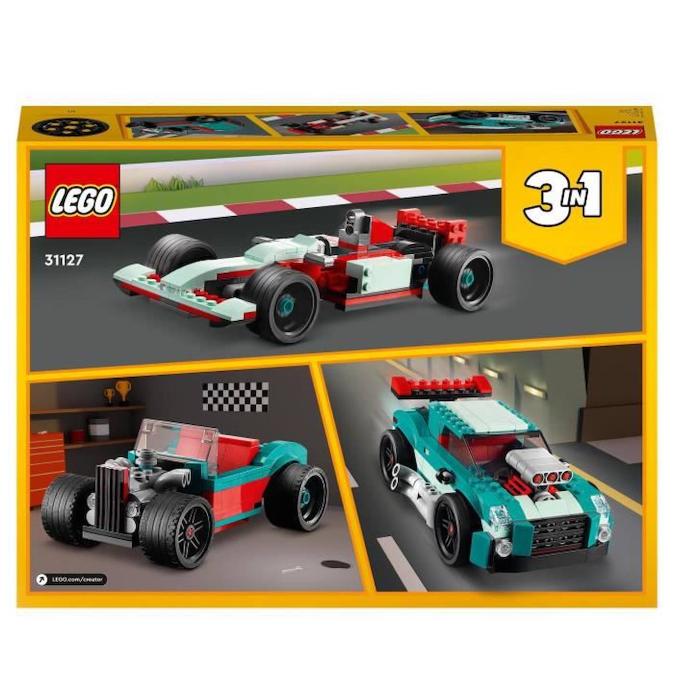 LEGO® 31127 Creator 3 en 1 Le Bolide De Rue, Jouet de Voiture de Course, Modèles de Sport ou Hot Rod bleu