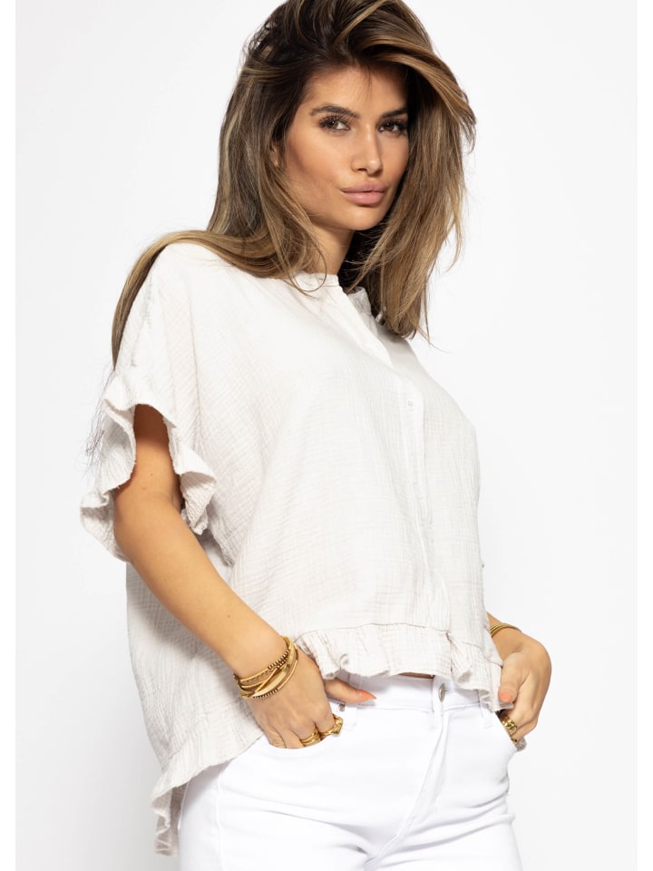 SASSYCLASSY Musselin Bluse mit Rüschensaum in Hellbeige günstig kaufen