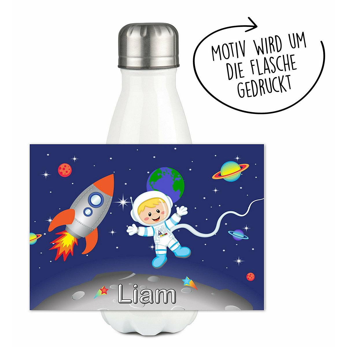 Edelstahl Kinder Thermoflasche / Trinkflasche bunt Weltall Spülmaschinenfest, Auslaufsicher, Bruchfest, Doppelwandig, Für Heißgetränke geeignet, Mit Deckel, Isoliert