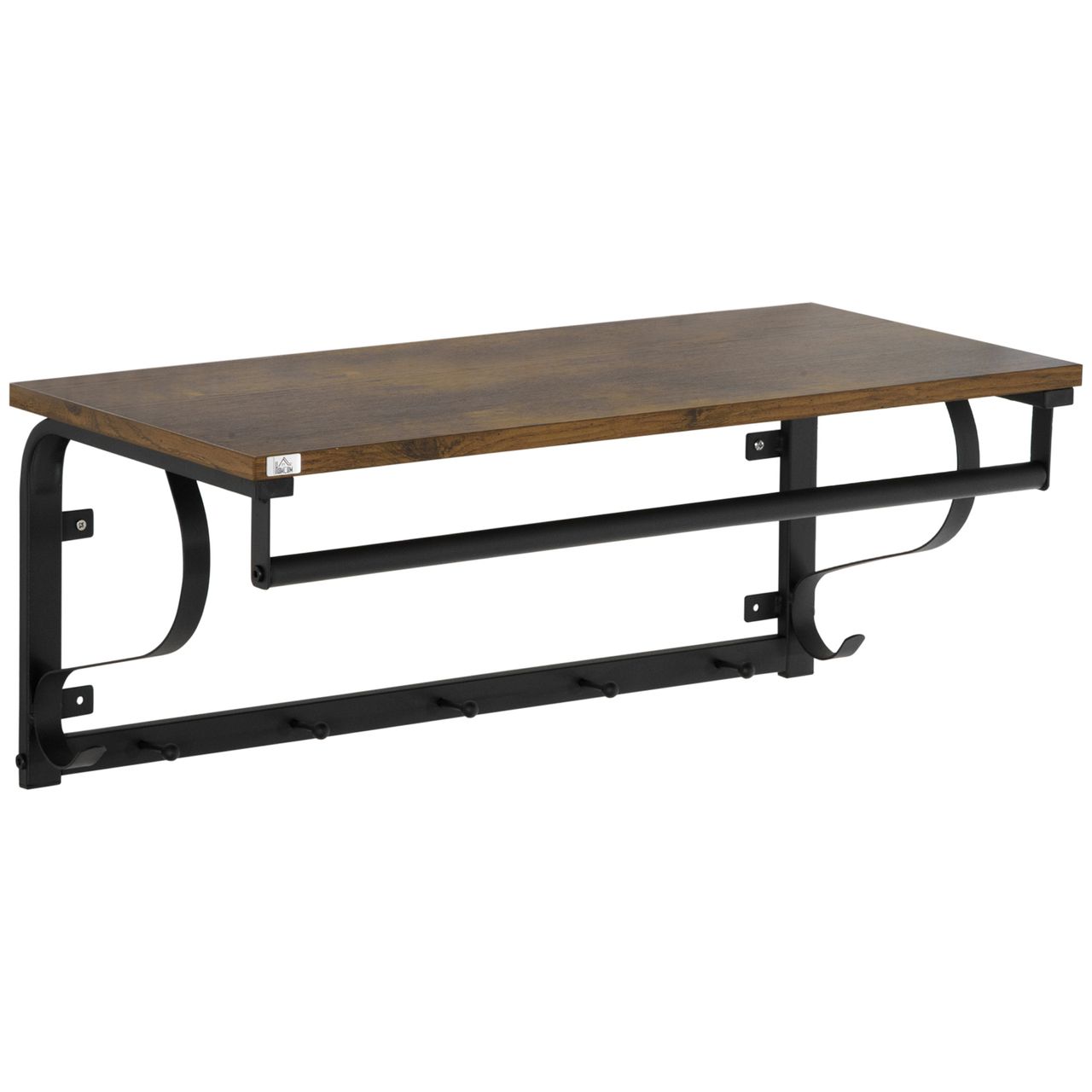 HOMCOM Wandregal Hängeregal mit 5 Haken Garderobenregal für Wohnzimmer Badezimmer Industrial Stil Stahl Holz Braun Schwarz 66 x 30 x 27 cm