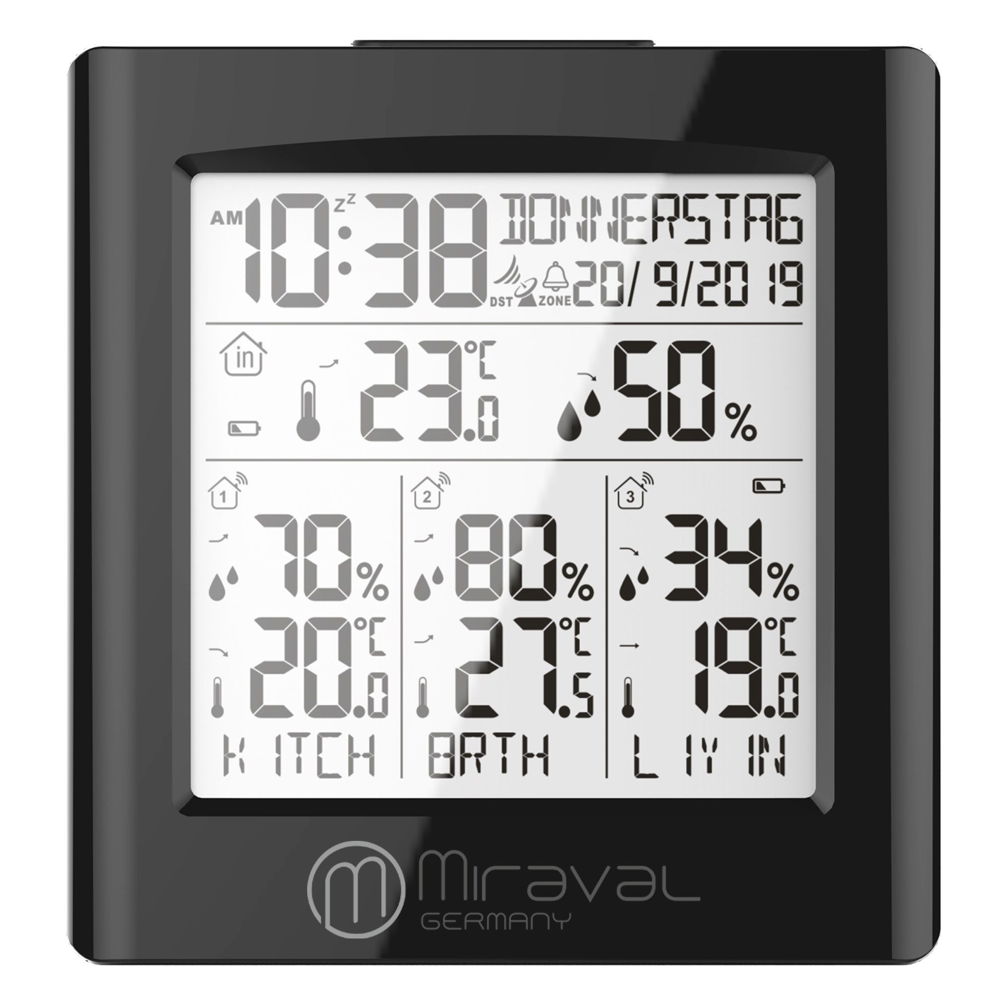 Miraval Miraval Funkwetterstation mit 3 Sensoren Funkwetterstation (Luftfeuchtigkeit Außensensoren frei programmiebar Datumsanzeige)