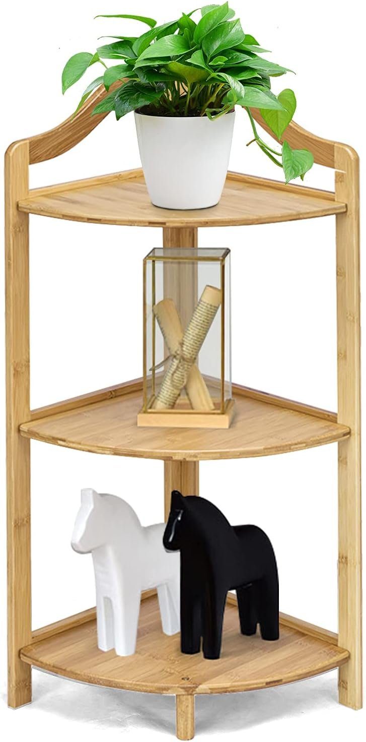 KOMFOTTEU Eckregal Standregal, mit 3 Etagen, aus Bambu, 33 × 33 × 85 cm
