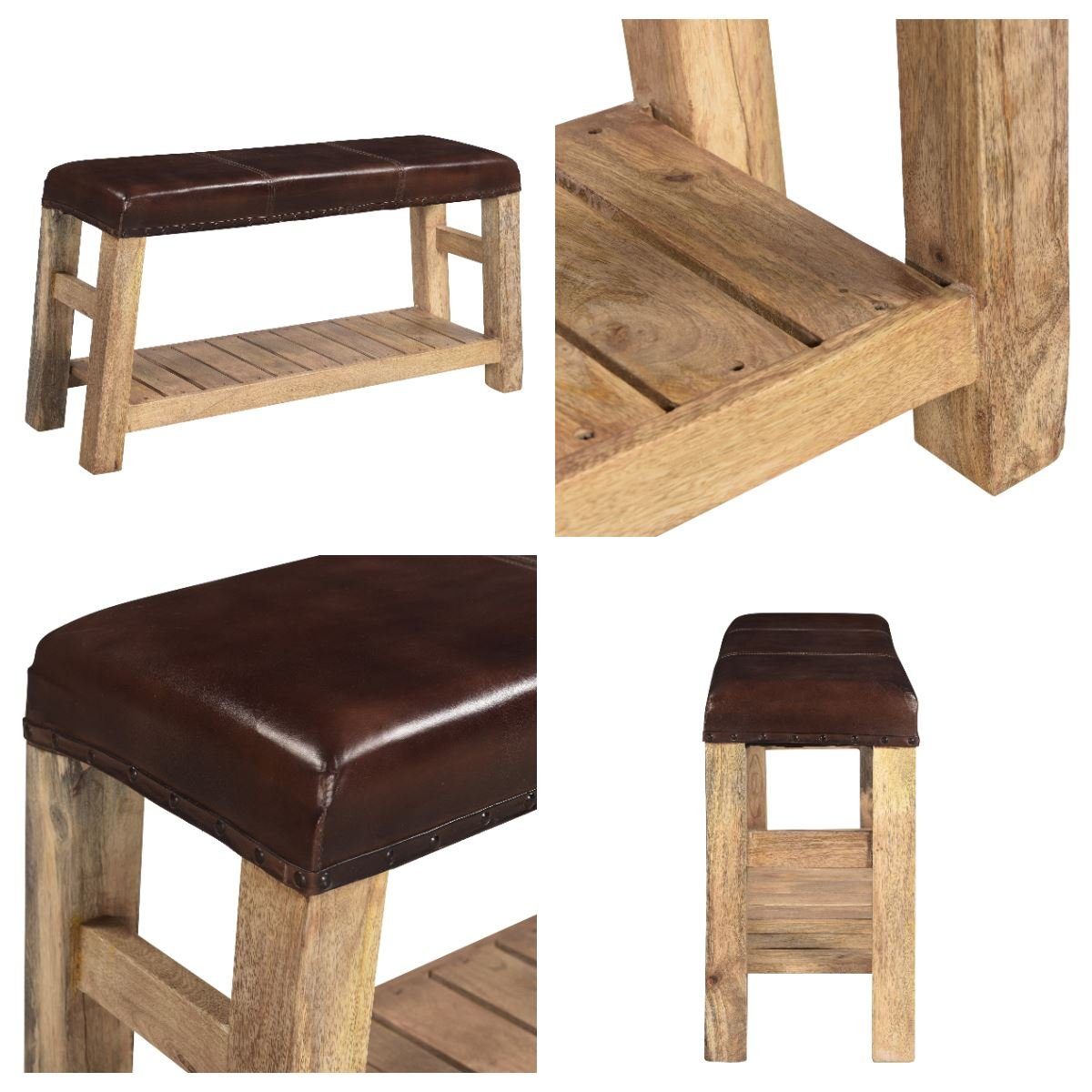 baario Gartenbank Sitzbank KULA Leder, braun Hocker massiv Mangoholz Vintage Flurbank