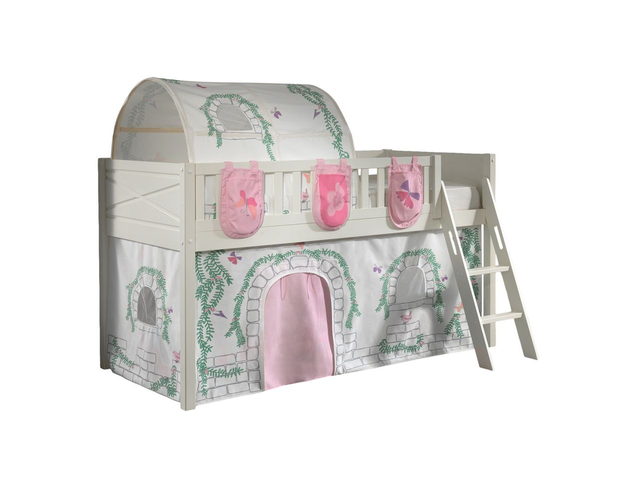 VIPACK Spielbett SCOTT, LF 90 x 200 cm, mit Rolllattenrost, Leiter und Textilset Vorhang, Tunnel und 3 Taschen 