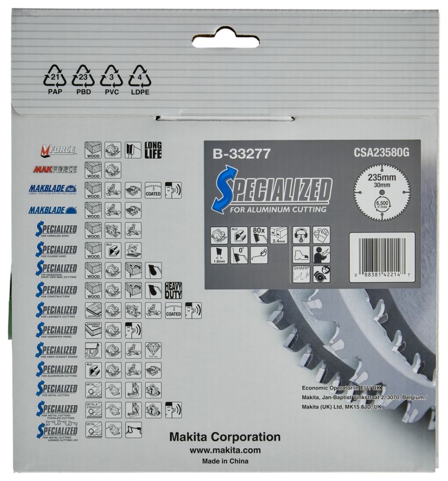 Makita Zubehör B-33277 HM Sägeblatt, Aluminium, 235 x 30 x 80 Zähne